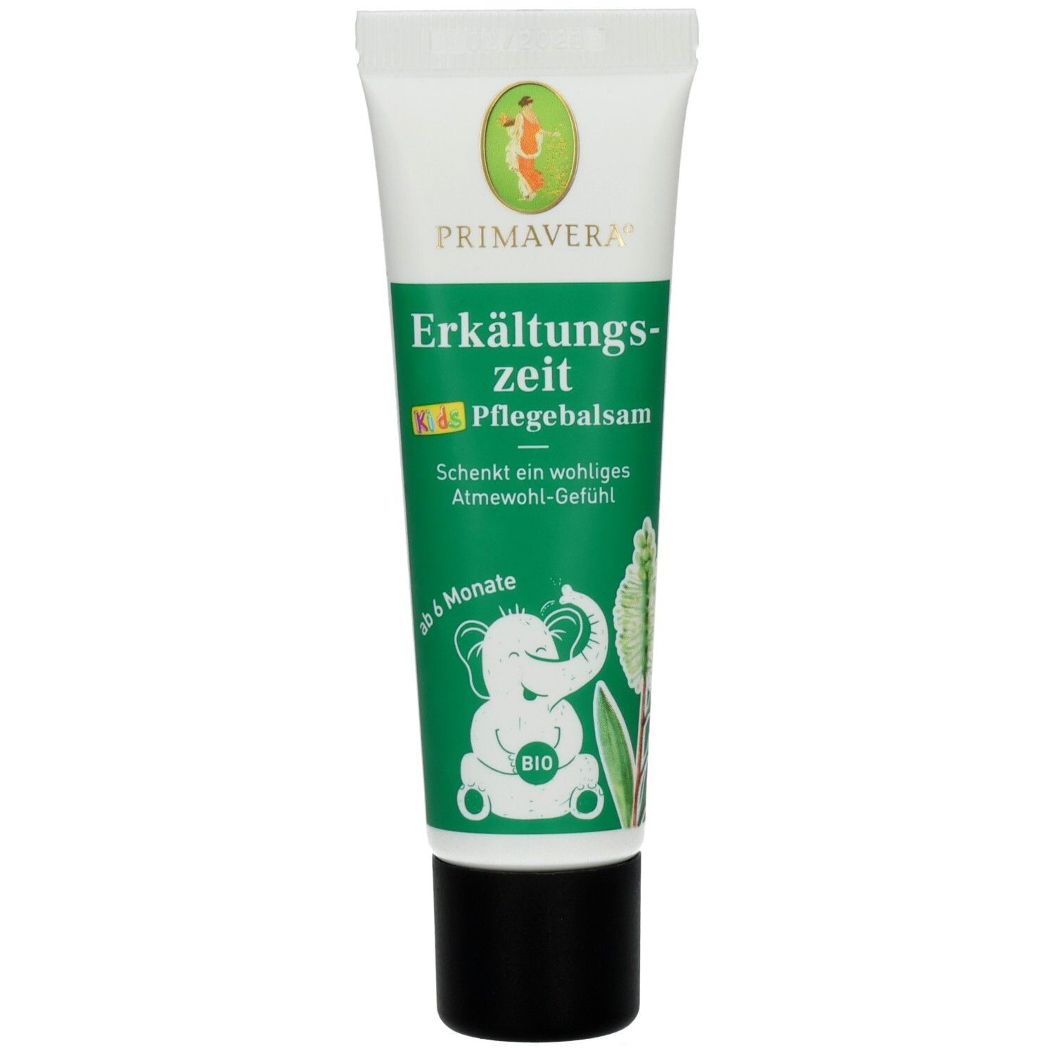 Grüne Tube mit weißem Deckel. Aufschrift: PRIMAVERA, Erkältungszeit Kids Pflegebalsam. Bio-Siegel und Elefanten-Illustration.