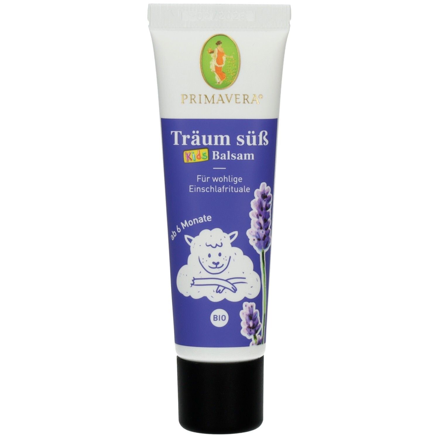 Creme-Tube mit PRIMAVERA-Logo und Aufschrift "Träum süß Kids Balsam". Abbildung einer lila Blume und eines Schafes.