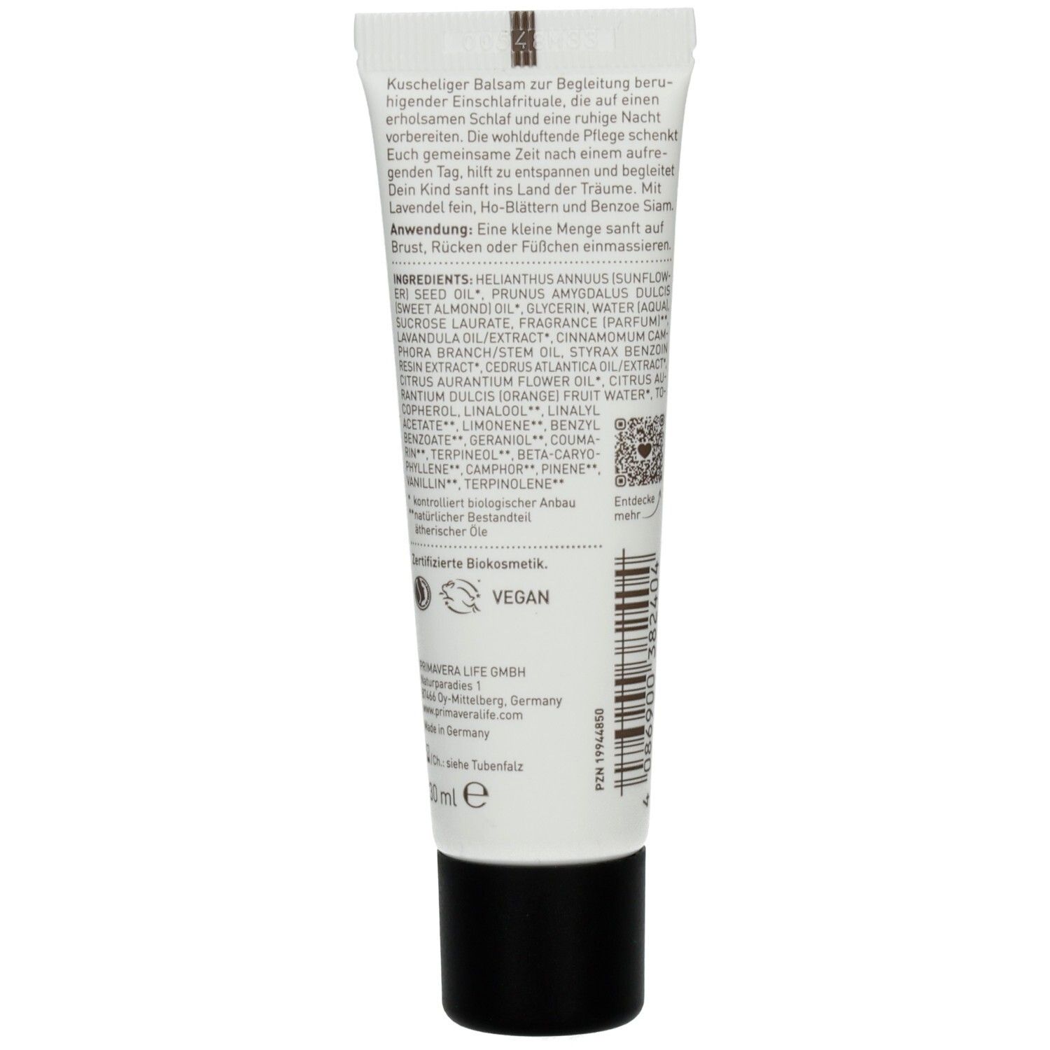 Rückseite der Creme-Tube. Text mit Inhaltsstoffen und Anweisungen. Vegan-Siegel.