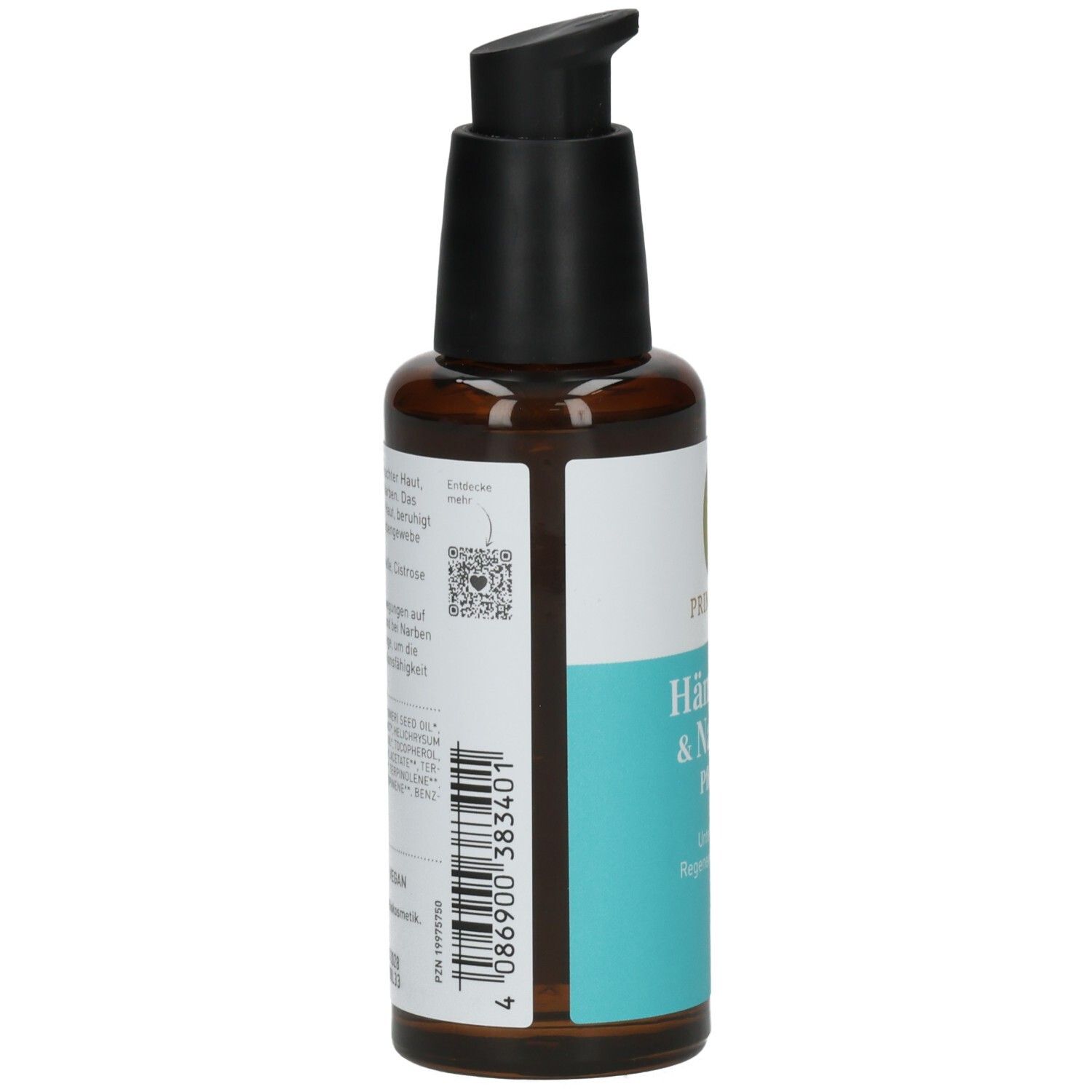 Braune Glasflasche mit schwarzem Pumpkopf. Etikett mit Barcode, Produktinformationen und QR-Code. Rückansicht.
