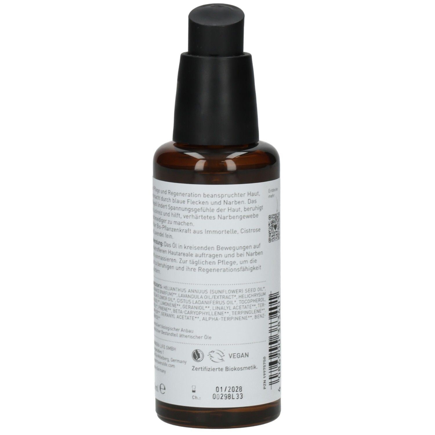 Braune Glasflasche mit schwarzem Pumpkopf. Etikett mit Produktinformationen, Vegan-Siegel und Zertifizierung. Rückansicht.