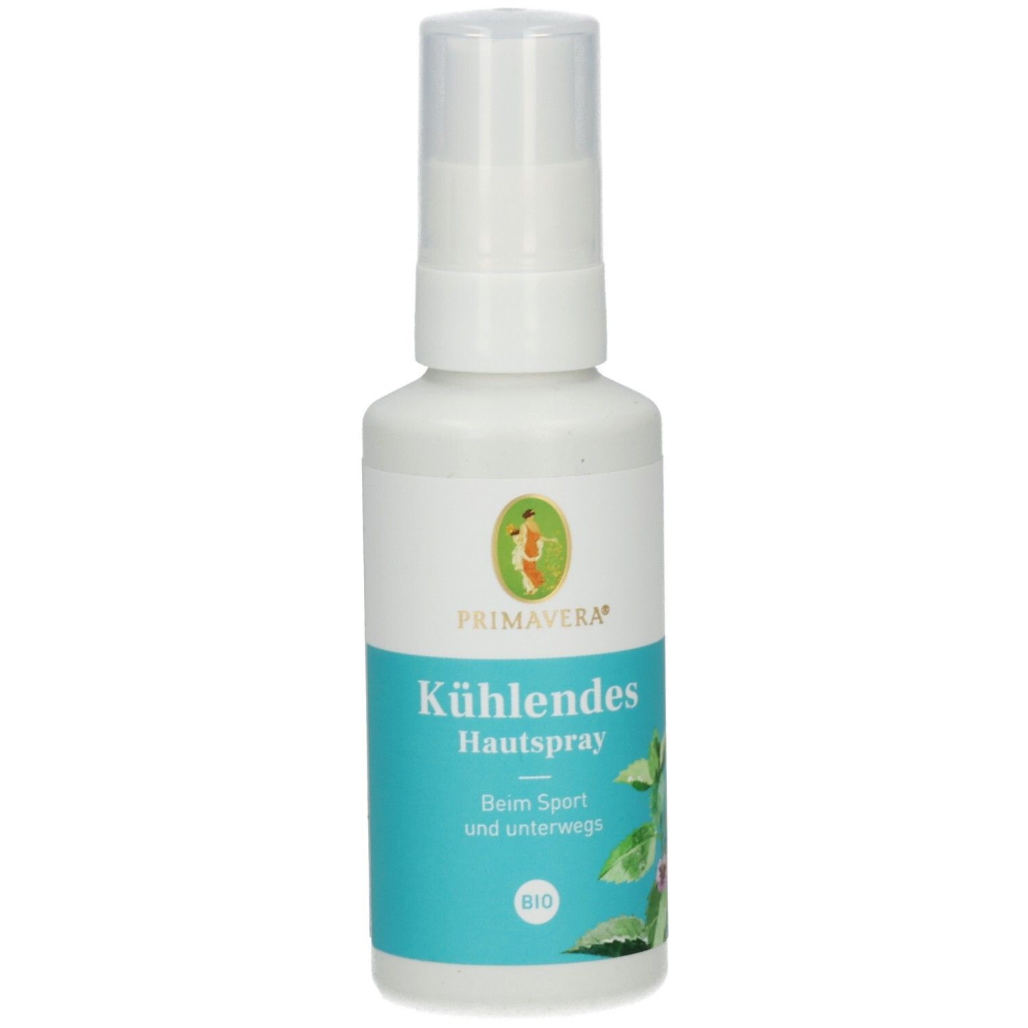 Weiße Sprühflasche mit blauem Etikett. Aufschrift: K

ühlendes Hautspray, PRIMAVERA, BIO-Siegel.