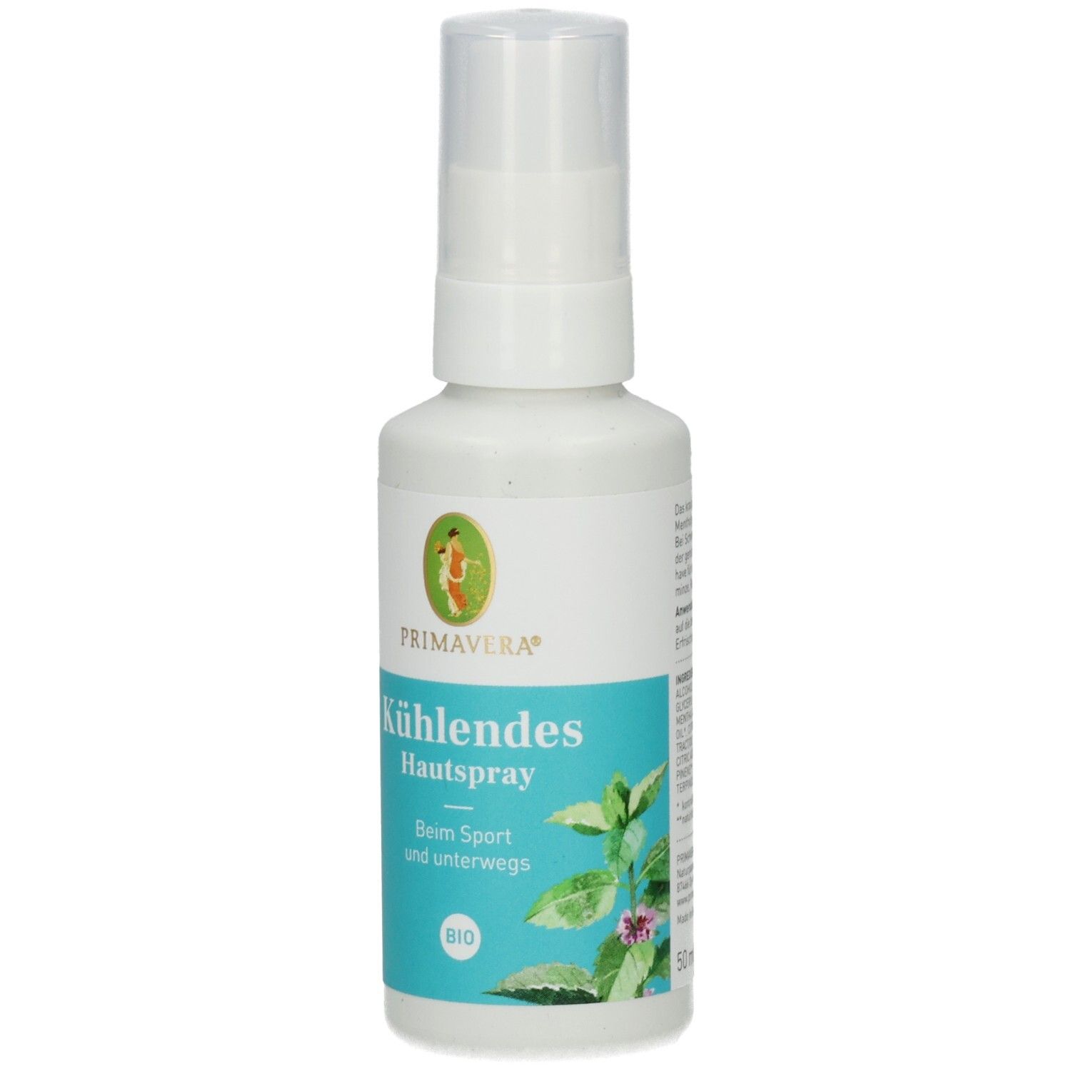 Weiße Sprühflasche mit blauem Etikett. Aufschrift: K

ühlendes Hautspray, PRIMAVERA, BIO-Siegel.