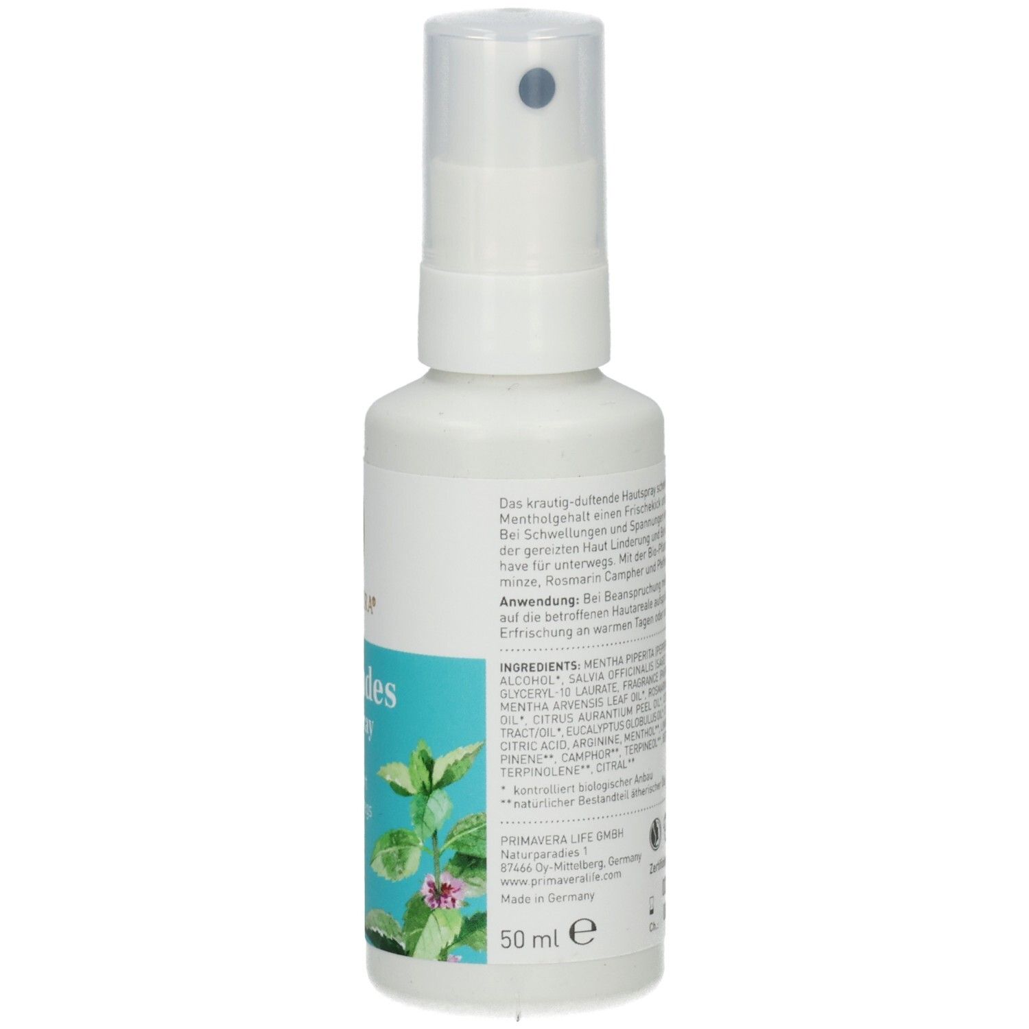 Weiße Sprühflasche, Rückansicht. Text auf Etikett. Vegan-Siegel. Volumen: 50 ml.