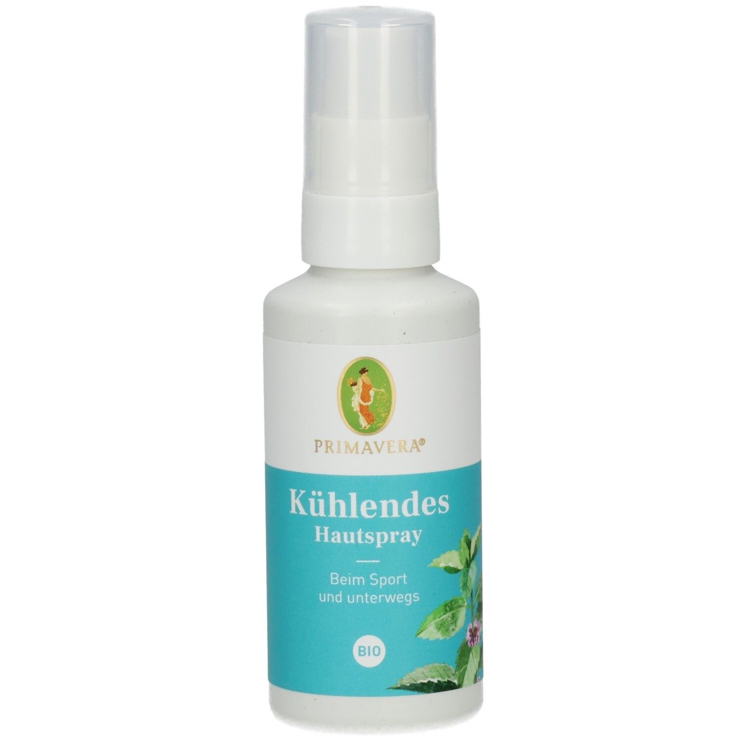 Weiße Sprühflasche mit blauem Etikett. Aufschrift: K

ühlendes Hautspray, PRIMAVERA, BIO-Siegel.