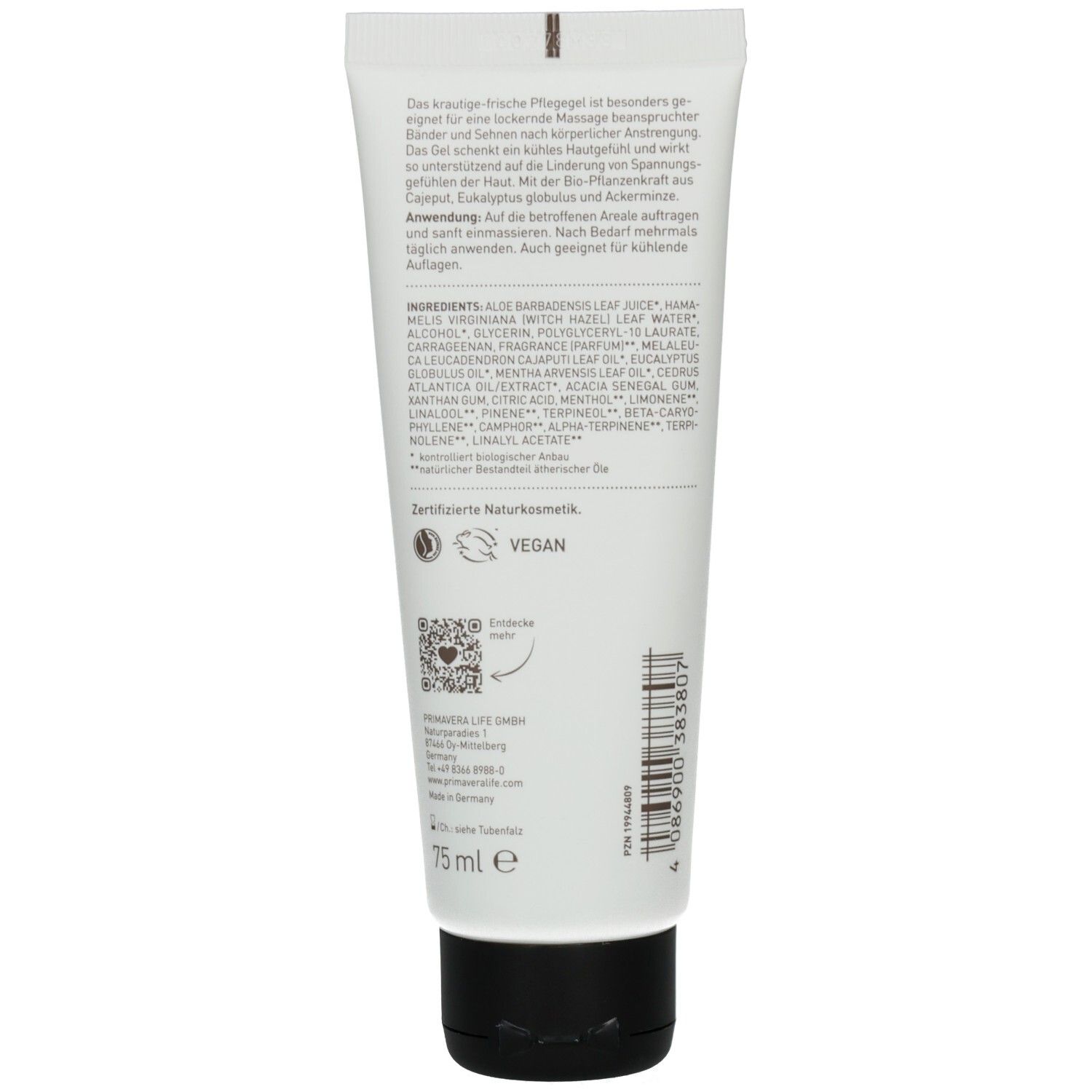Rückseite der Tube. Text: Inhaltsstoffe, Anwendung. Logo: Vegan, QR-Code. Volumen: 75 ml.