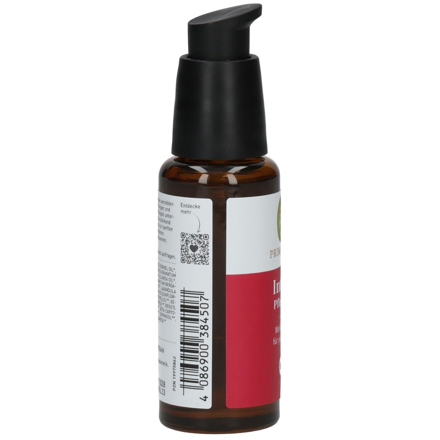 Braune Flasche mit schwarzem Pumpkopf. Rückseite mit Text und Barcode. Primavera-Logo.