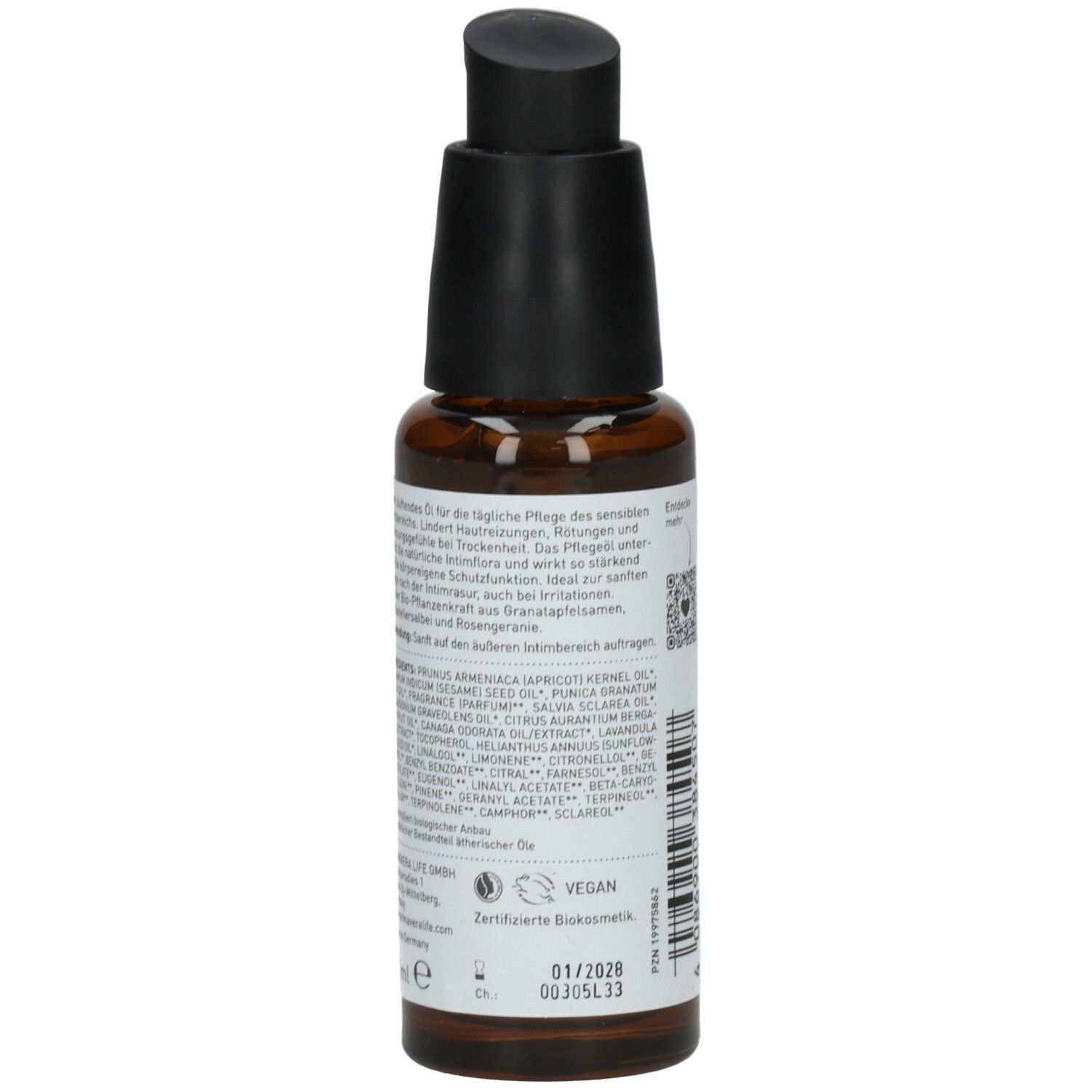 Braune Flasche mit schwarzem Pumpkopf. Rückseite mit Text, Inhaltsstoffen und Zertifizierungen. Vegan-Logo.