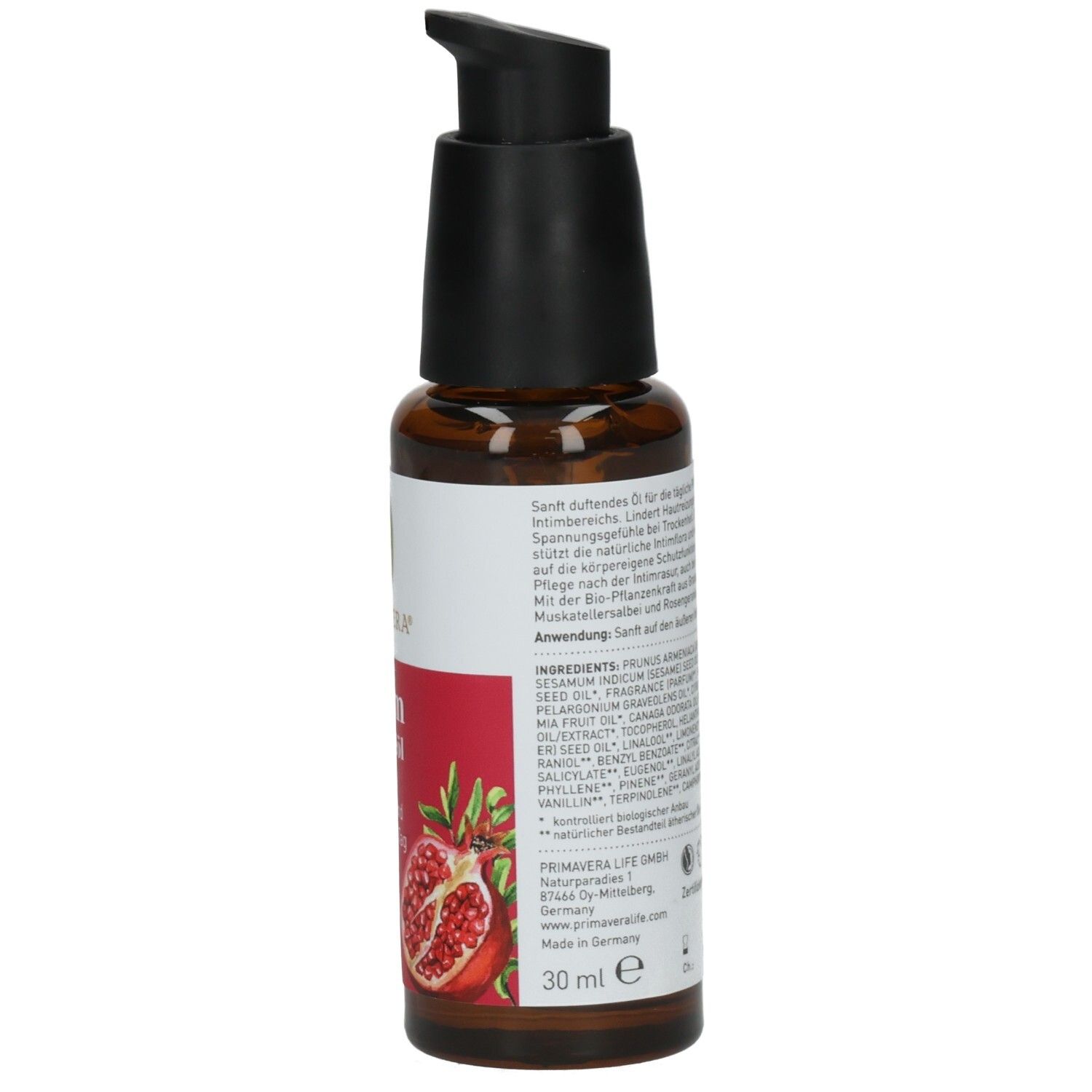 Braune Flasche mit schwarzem Pumpkopf. Rückseite mit Text, Inhaltsstoffen und Volumenangabe: 30 ml.