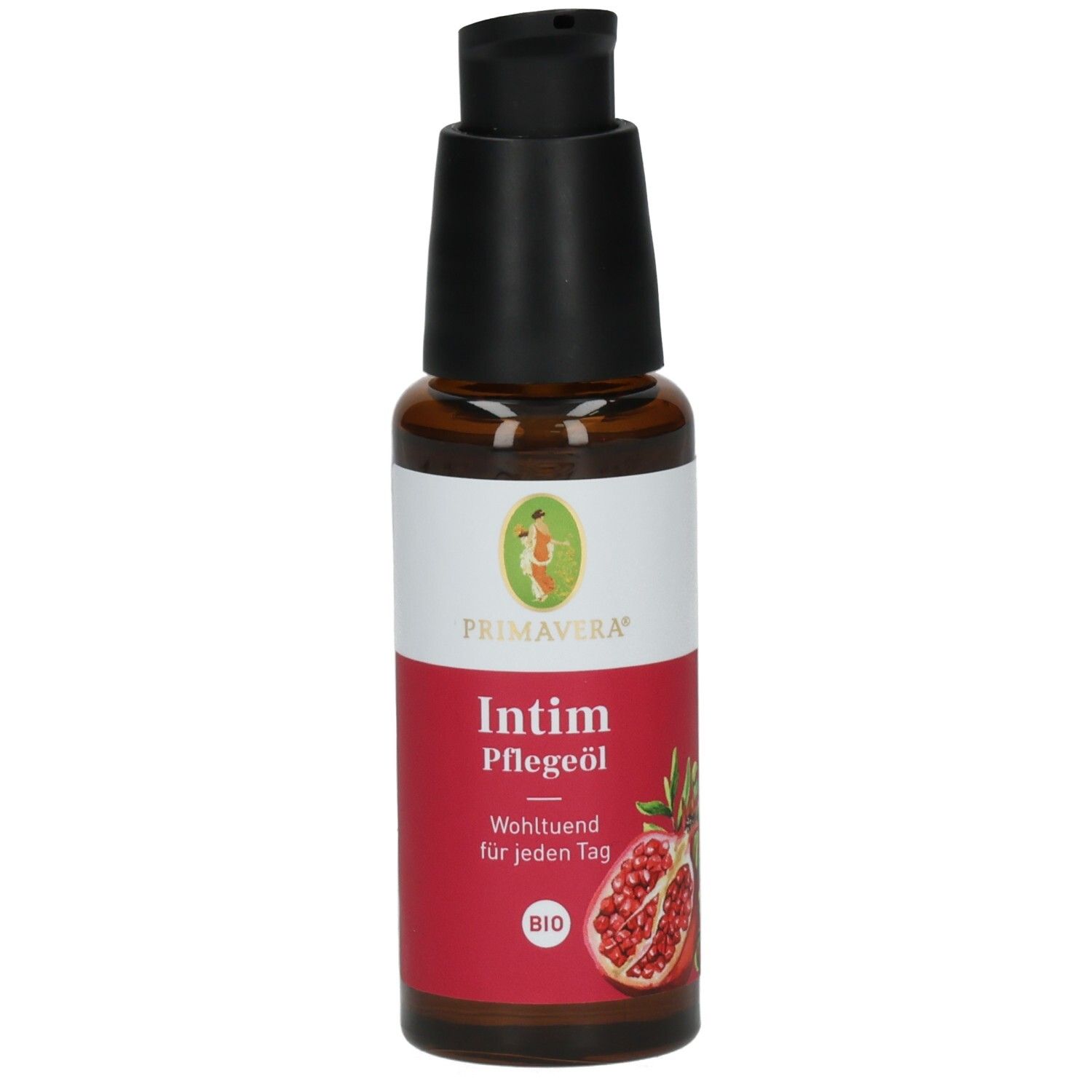 Braune Flasche mit schwarzem Pumpkopf. Rotes Etikett mit Text und Granatapfel-Illustration. Primavera-Logo.