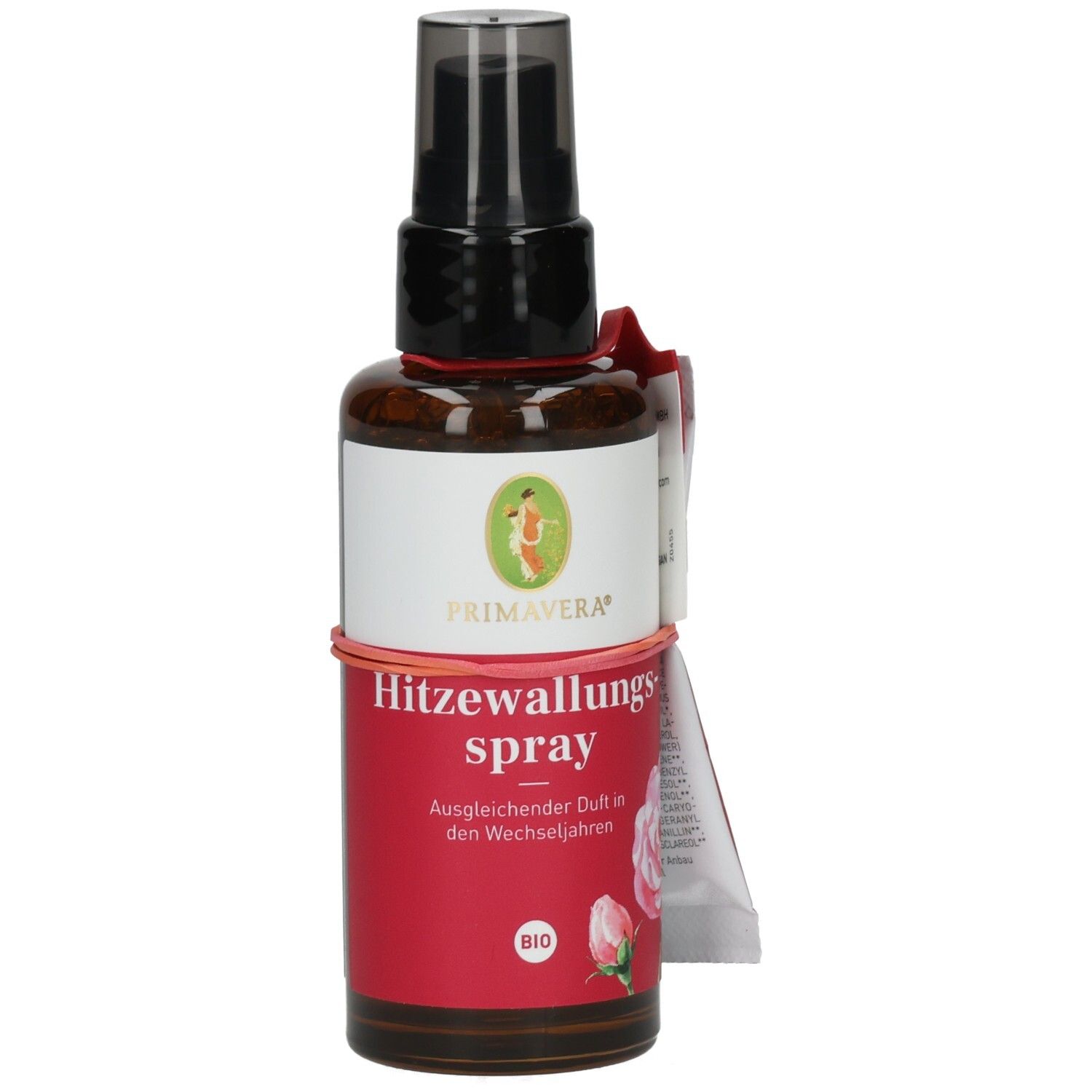 Braune Sprühflasche mit weißem Etikett und roter Banderole. Aufschrift: PRIMAVERA, Hitzewallungsspray. BIO-Siegel.