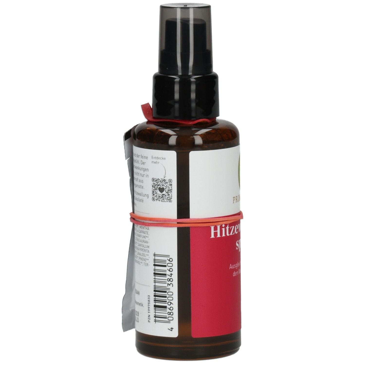Braune Sprühflasche mit weißem Etikett und roter Banderole. Aufschrift: Hitzewallungsspray. Etikett mit Barcode und Text.