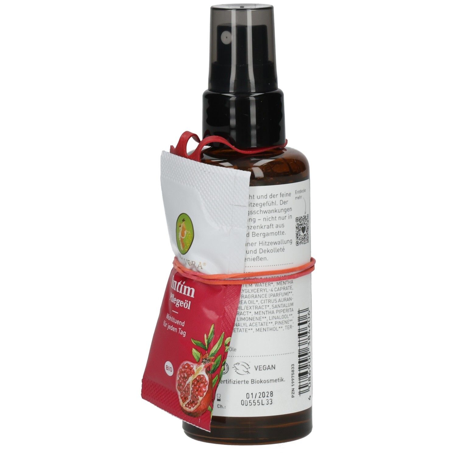 Braune Sprühflasche mit weißem Etikett und roter Banderole. Aufschrift: Intim Pflegeöl. Beilage mit Text und Logo.
