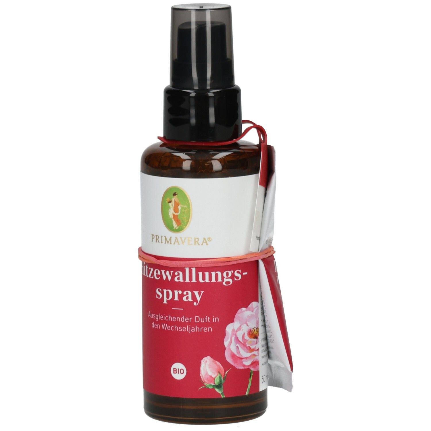Braune Sprühflasche mit weißem Etikett und roter Banderole. Aufschrift: PRIMAVERA, Hitzewallungsspray. BIO-Siegel.