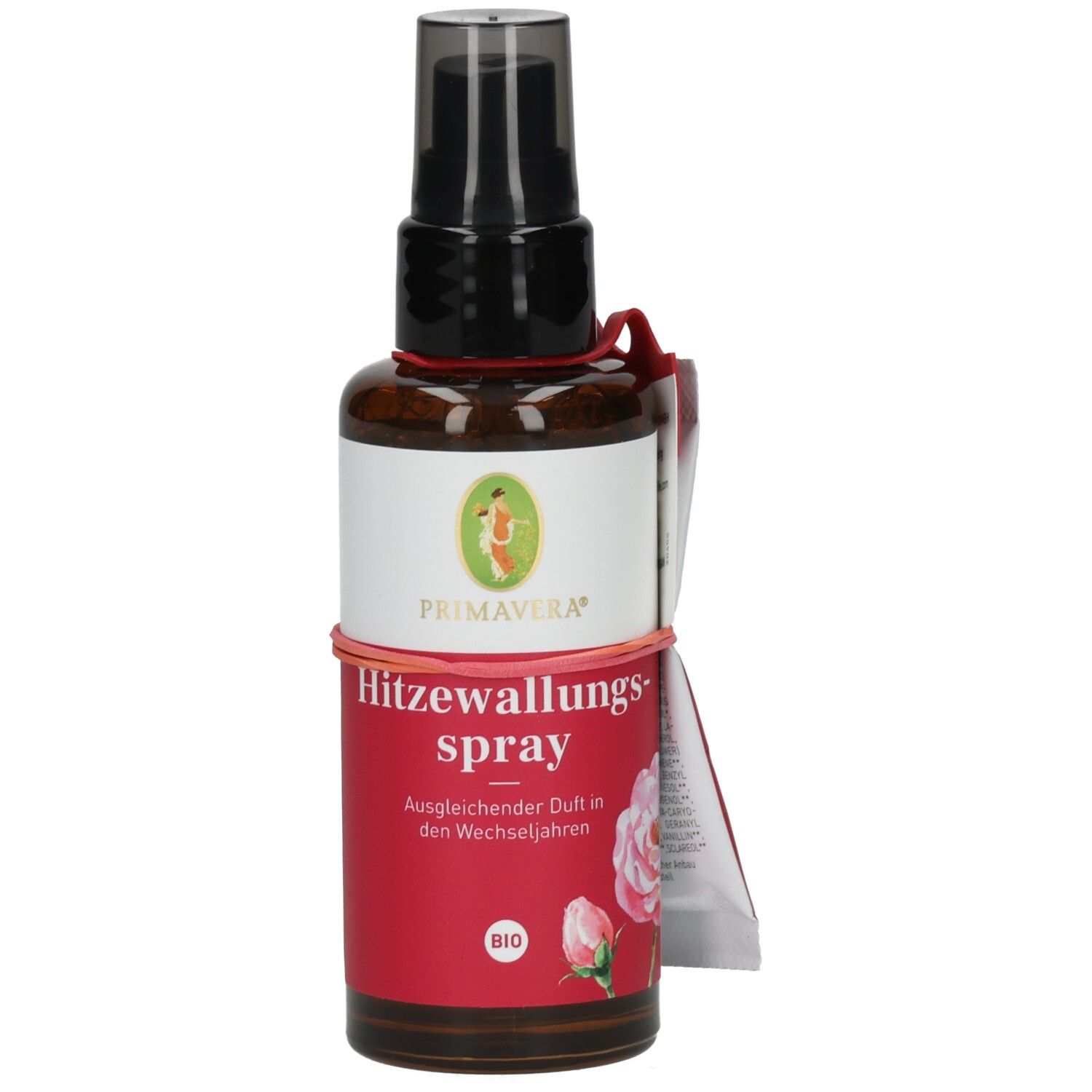 Braune Sprühflasche mit weißem Etikett und roter Banderole. Aufschrift: PRIMAVERA, Hitzewallungsspray. BIO-Siegel.
