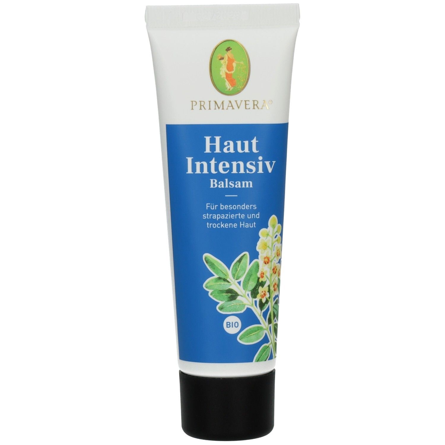 Tube mit blauem Etikett. Aufschrift: Haut Intensiv Balsam. Logo und BIO-Siegel. Weiße Schrift auf blauem Grund.