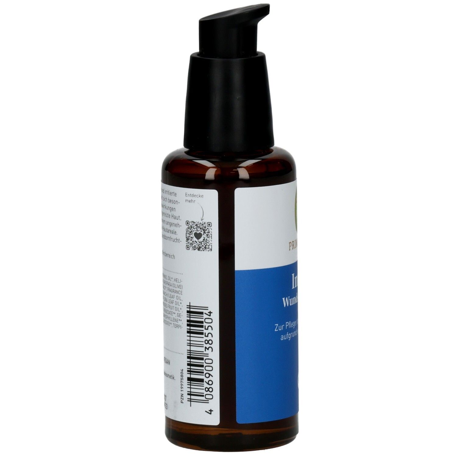 Braune Glasflasche mit schwarzem Pumpkopf. Etikett mit Text, Barcode und QR-Code.