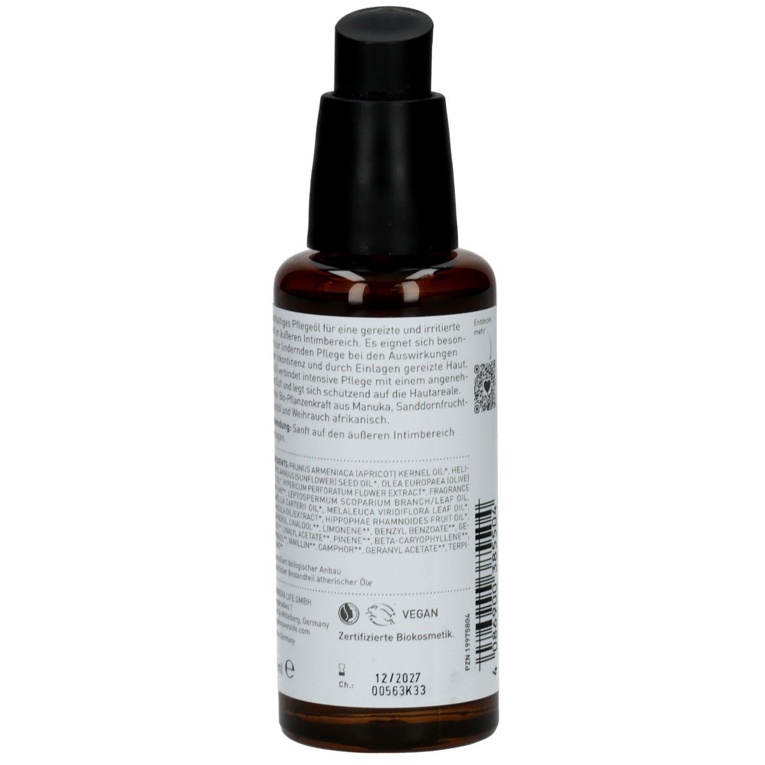 Braune Glasflasche mit schwarzem Pumpkopf. Rückseite mit Text, Vegan-Siegel und Bio-Zertifizierung.