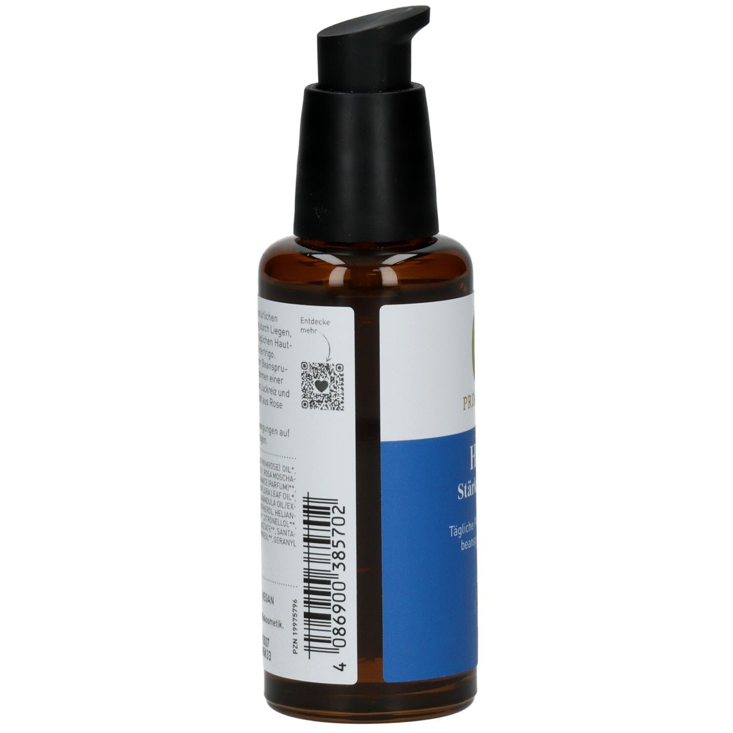 Braune Glasflasche mit schwarzem Pumpkopf. Etikett mit Produktinformationen und Barcode.
