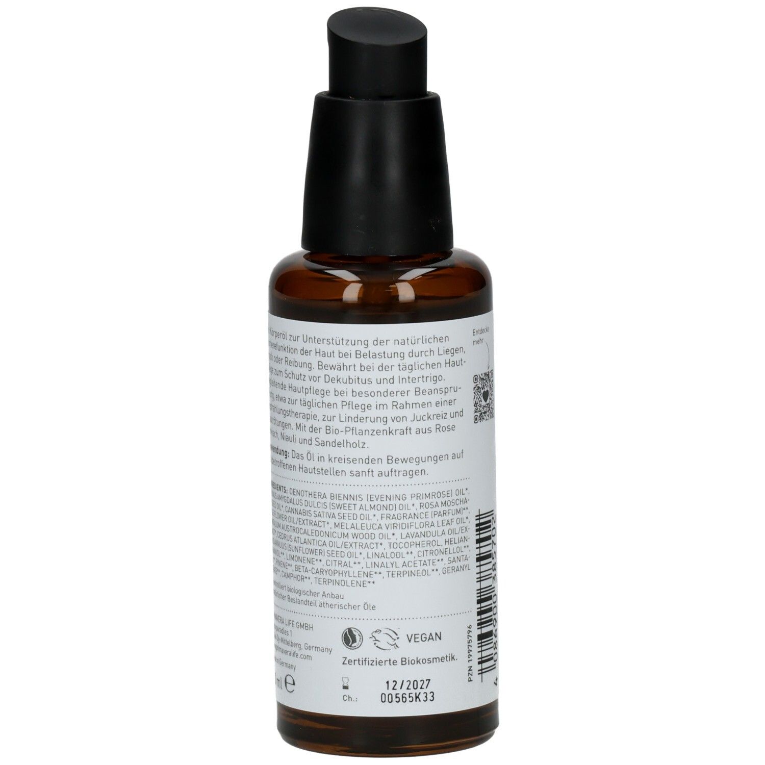 Braune Glasflasche mit schwarzem Pumpkopf. Etikett mit Produktinformationen, Inhaltsstoffen und Zertifizierung.