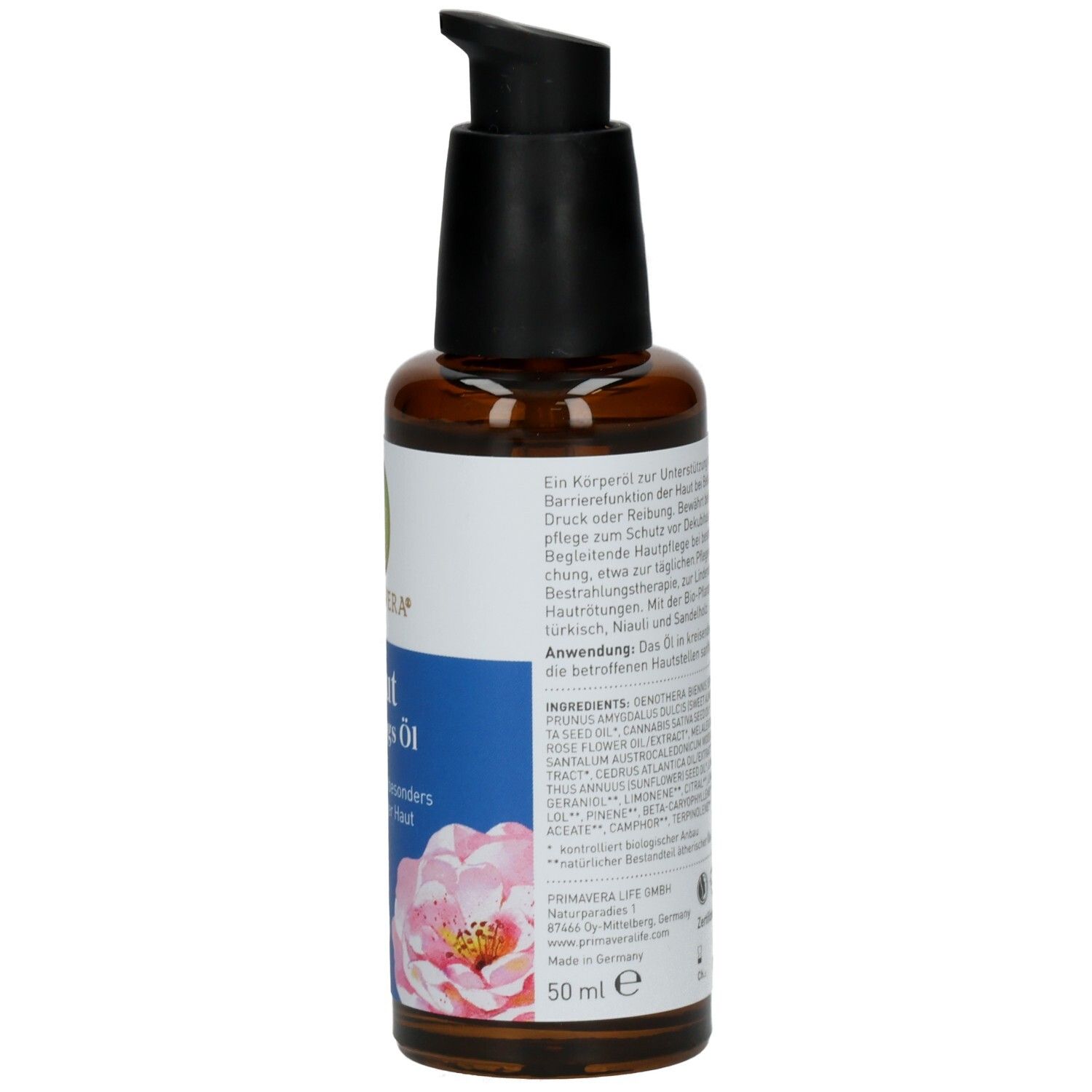 Braune Glasflasche mit schwarzem Pumpkopf. Etikett mit Produktinformationen, Inhaltsstoffen und Volumenangabe.