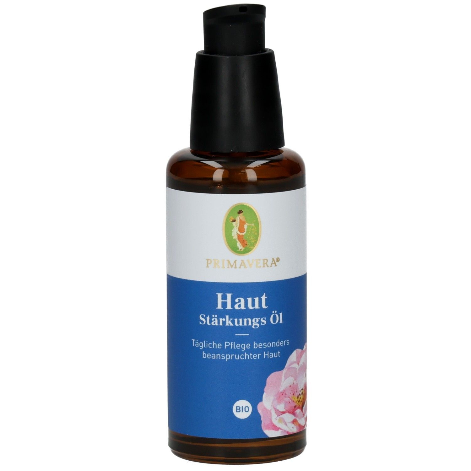 Braune Glasflasche mit schwarzem Pumpkopf. Etikett mit PRIMAVERA Logo, Produktname und floralem Motiv.