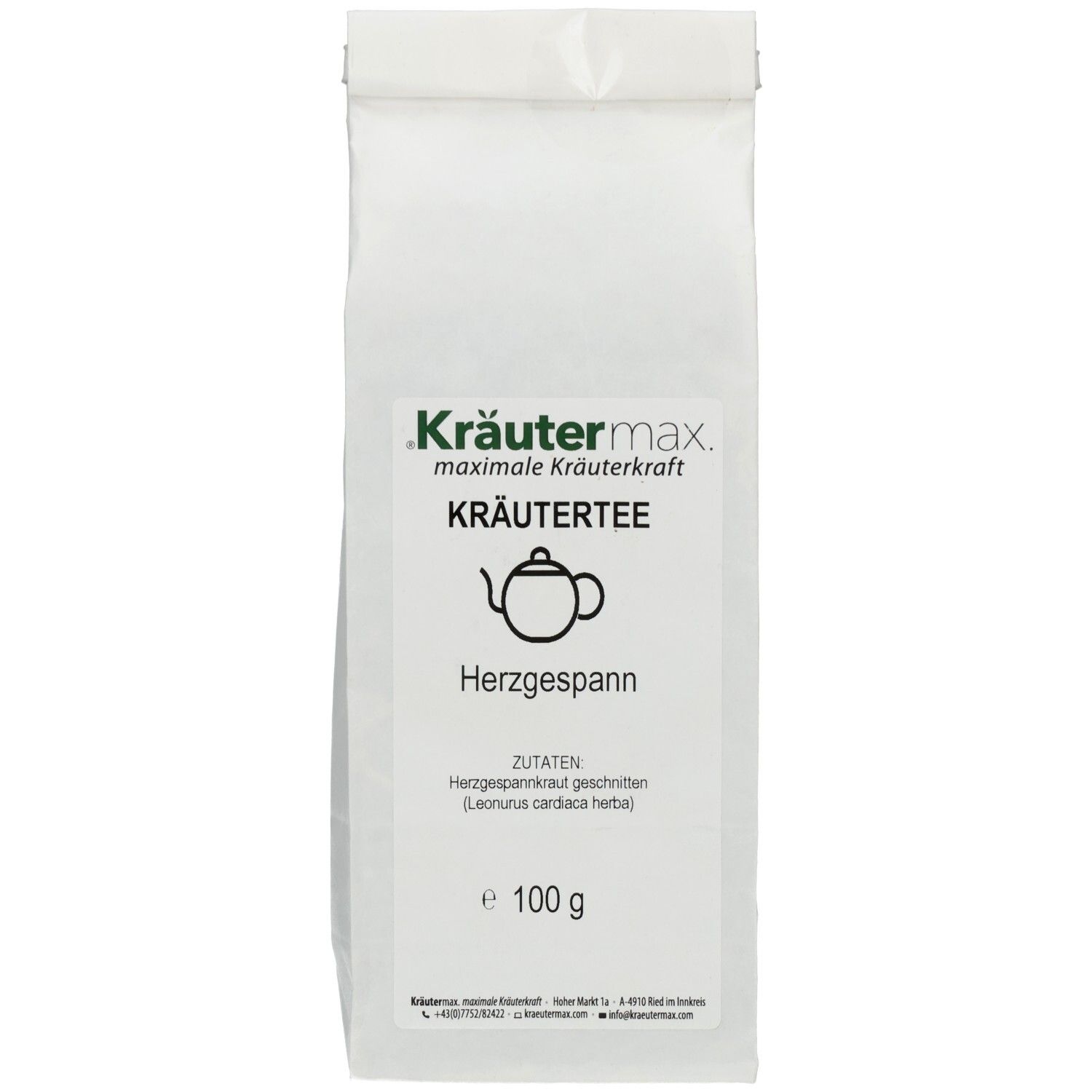 Weißer Beutel mit Kräutertee. Aufdruck: Kräutermax, Kräutertee, Herzgespann, Zutaten, e 100 g.