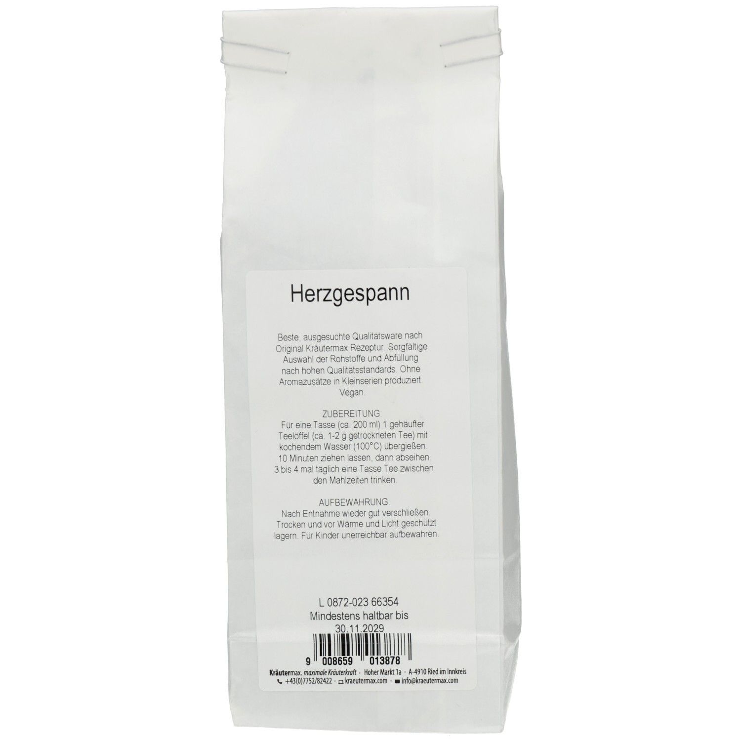 Rückseite des weißen Beutels mit Herzgespann-Tee. Text: Zubereitung, Aufbewahrung, Mindestens haltbar bis 30.11.2029.