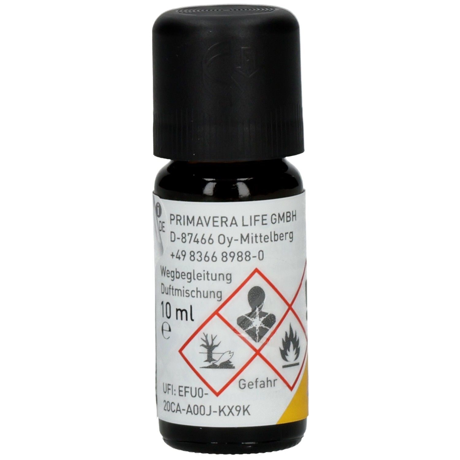 Braune Glasflasche mit schwarzem Deckel. Weißes Etikett mit Text, Gefahrensymbolen und 10 ml. Produktname: Wegbegleitung Duftmischung.