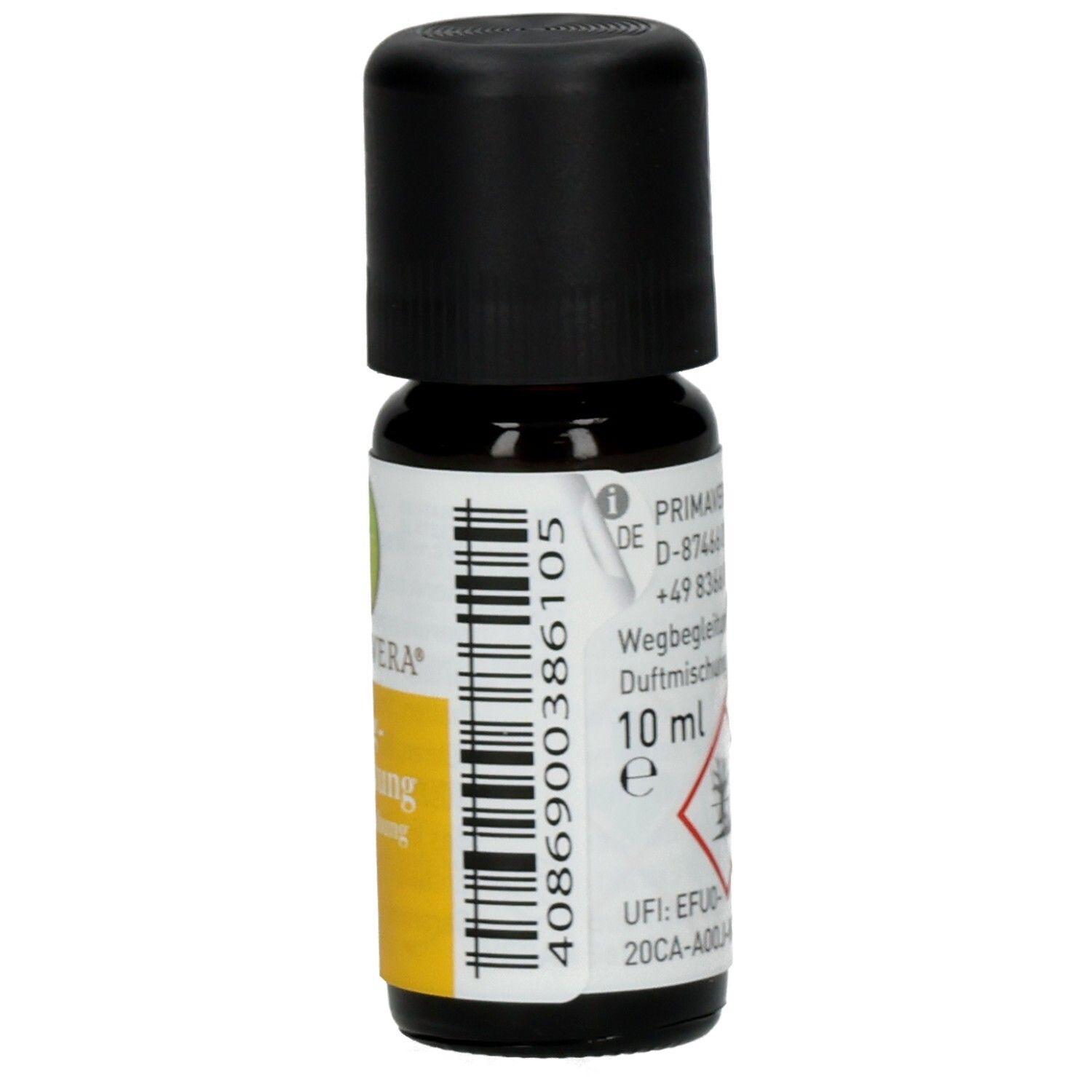 Braune Glasflasche mit schwarzem Deckel. Gelbes Etikett mit Text und 10 ml. Produktname: Wegbegleitung Duftmischung.