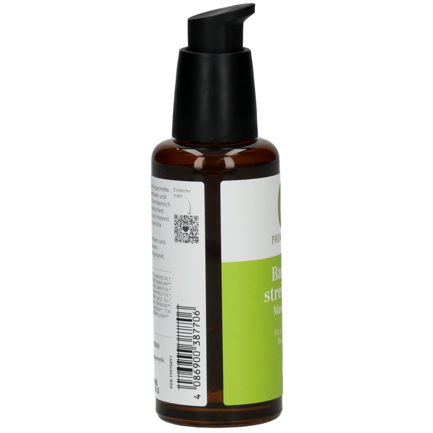 Braune Glasflasche mit schwarzem Pumpkopf. Etikett mit Inhaltsstoffen, QR-Code und Barcode.