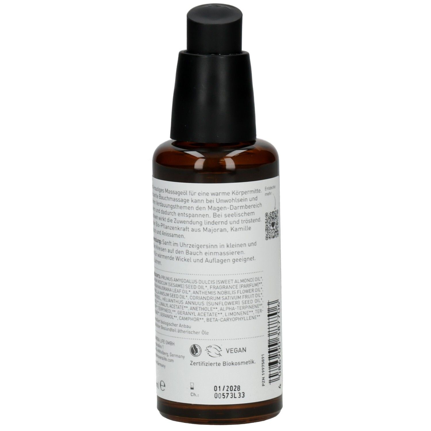 Braune Glasflasche mit schwarzem Pumpkopf. Etikett mit Produktinformationen, Vegan-Logo und MHD.