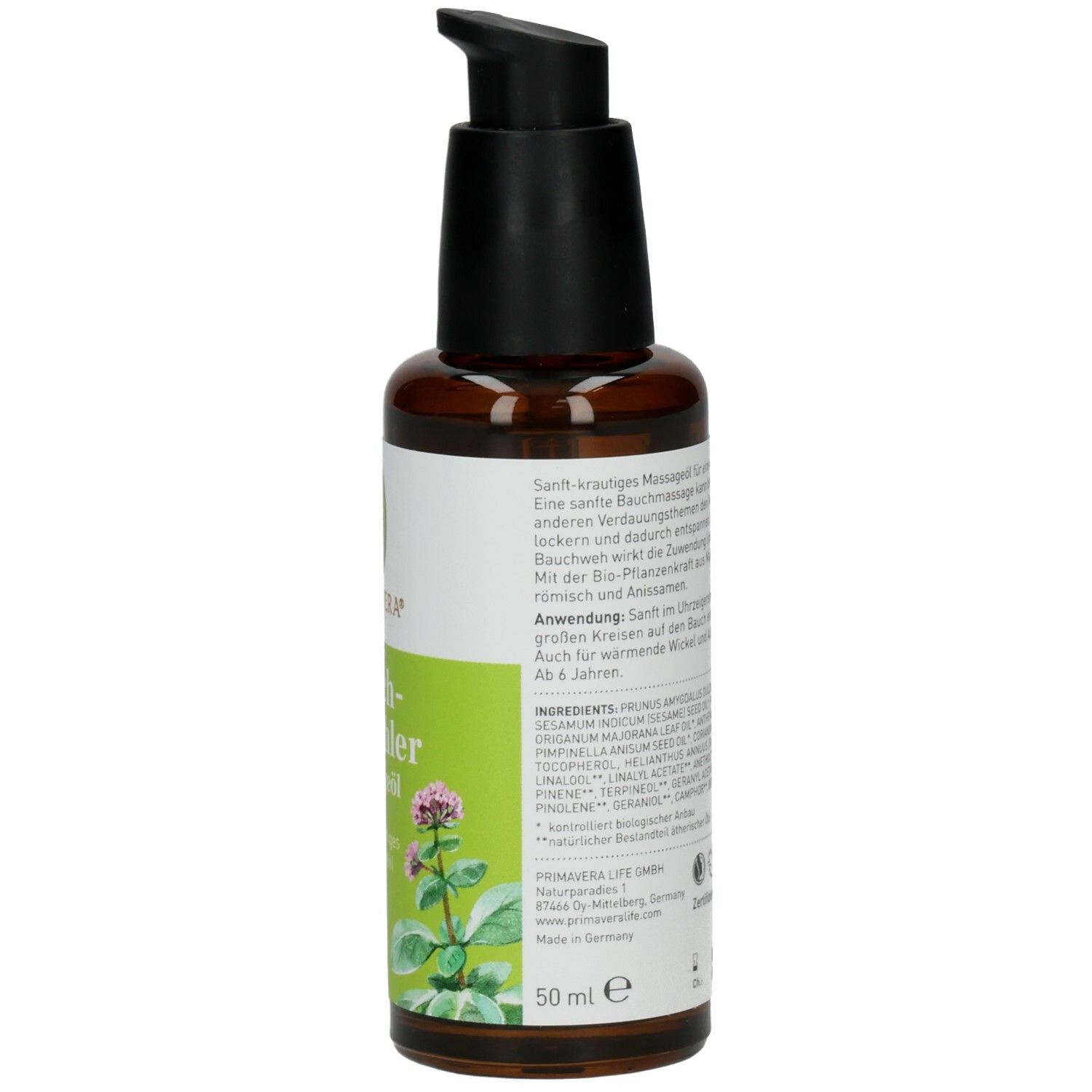 Braune Glasflasche mit schwarzem Pumpkopf. Etikett mit Produktinformationen und Volumenangabe: 50 ml.