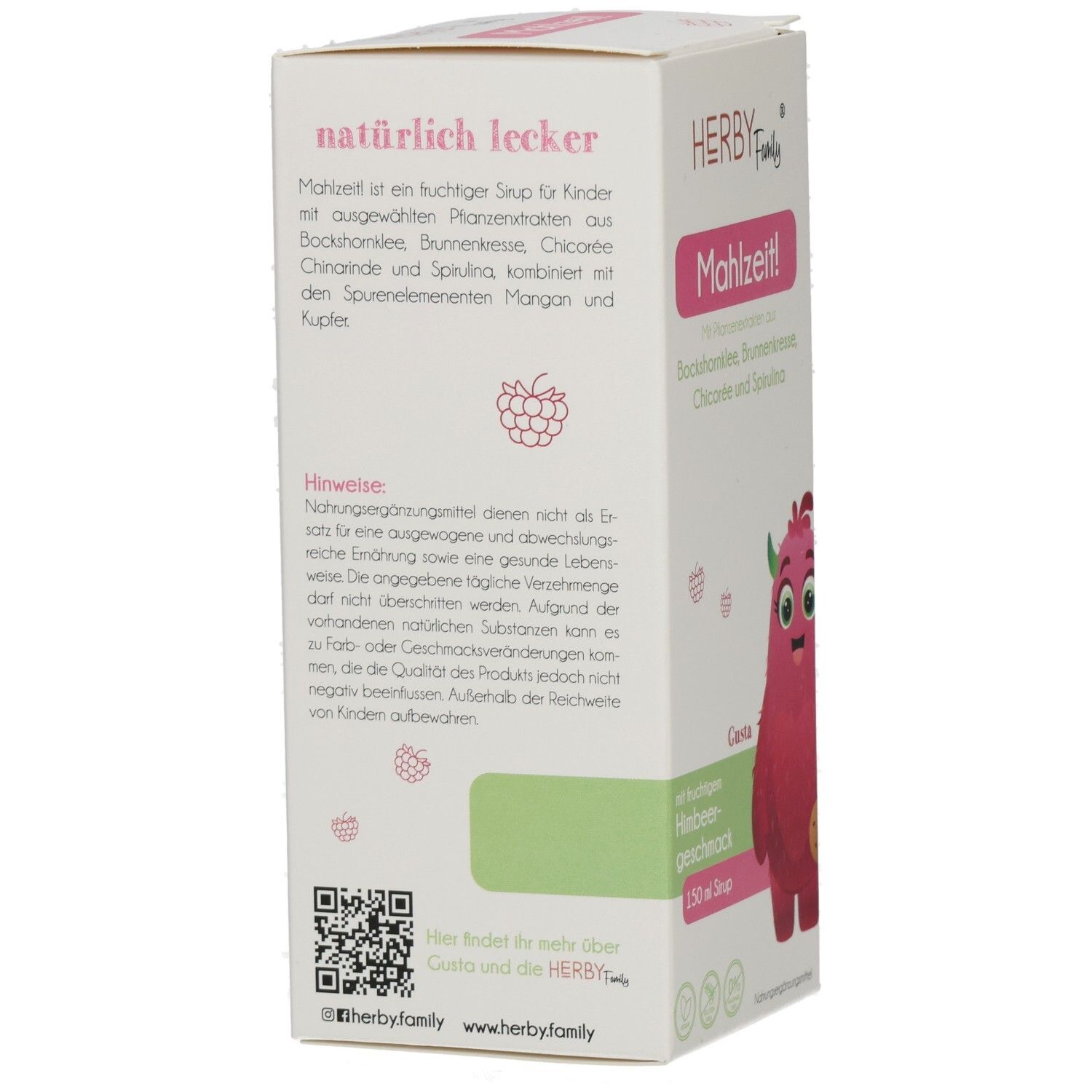 Rückseite der HERBY Family Mahlzeit! Verpackung. Text über Inhaltsstoffe und Hinweise. QR-Code und Illustrationen von Himbeeren.