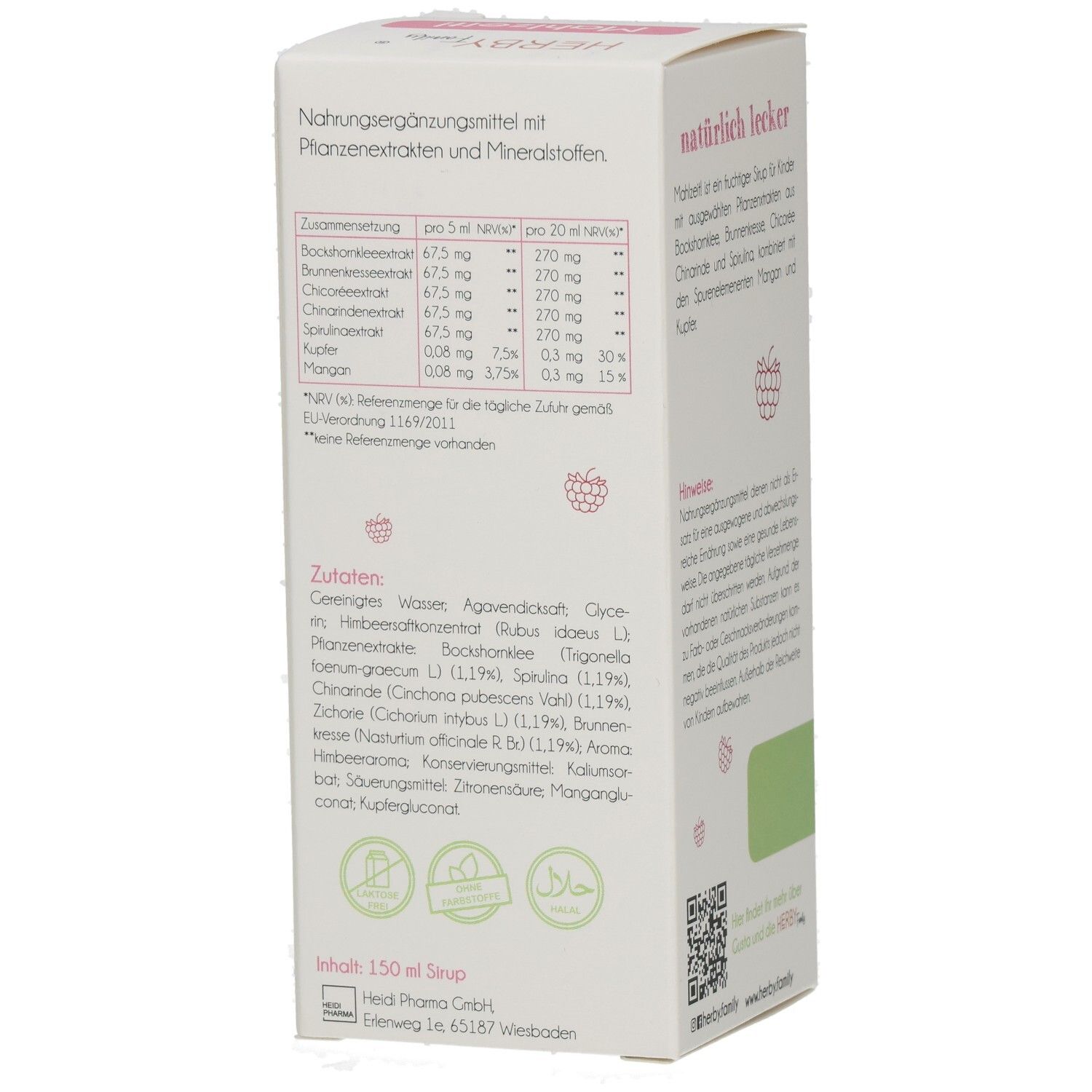 Seite der HERBY Family Mahlzeit! Verpackung mit Nährwertangaben. Enthält Informationen zu Inhaltsstoffen und Mineralstoffen.