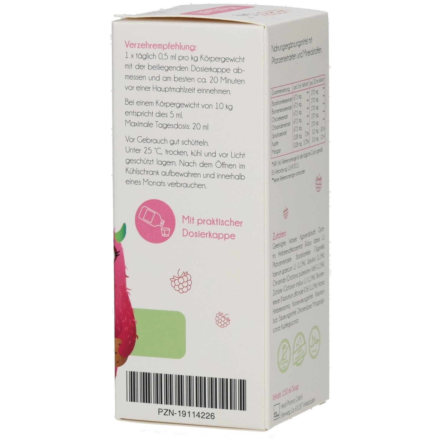 Seite der HERBY Family Mahlzeit! Verpackung mit Dosierungsempfehlung. Enthält Informationen zur Anwendung und Aufbewahrung.