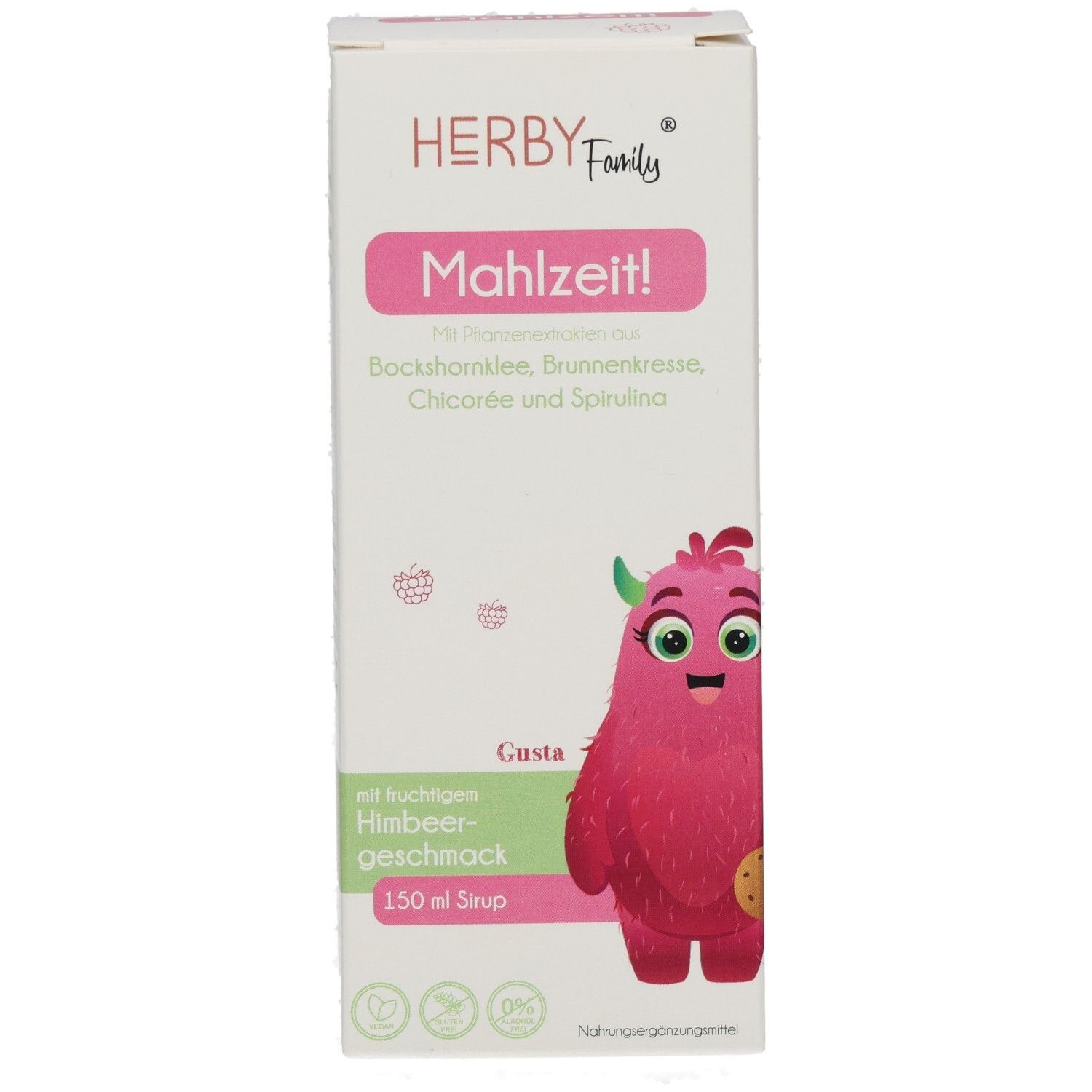 HERBY Family Mahlzeit! Verpackung. Vorderseite mit Produktnamen, Inhaltsstoffen und Illustration eines Monsters. 150 ml Sirup.