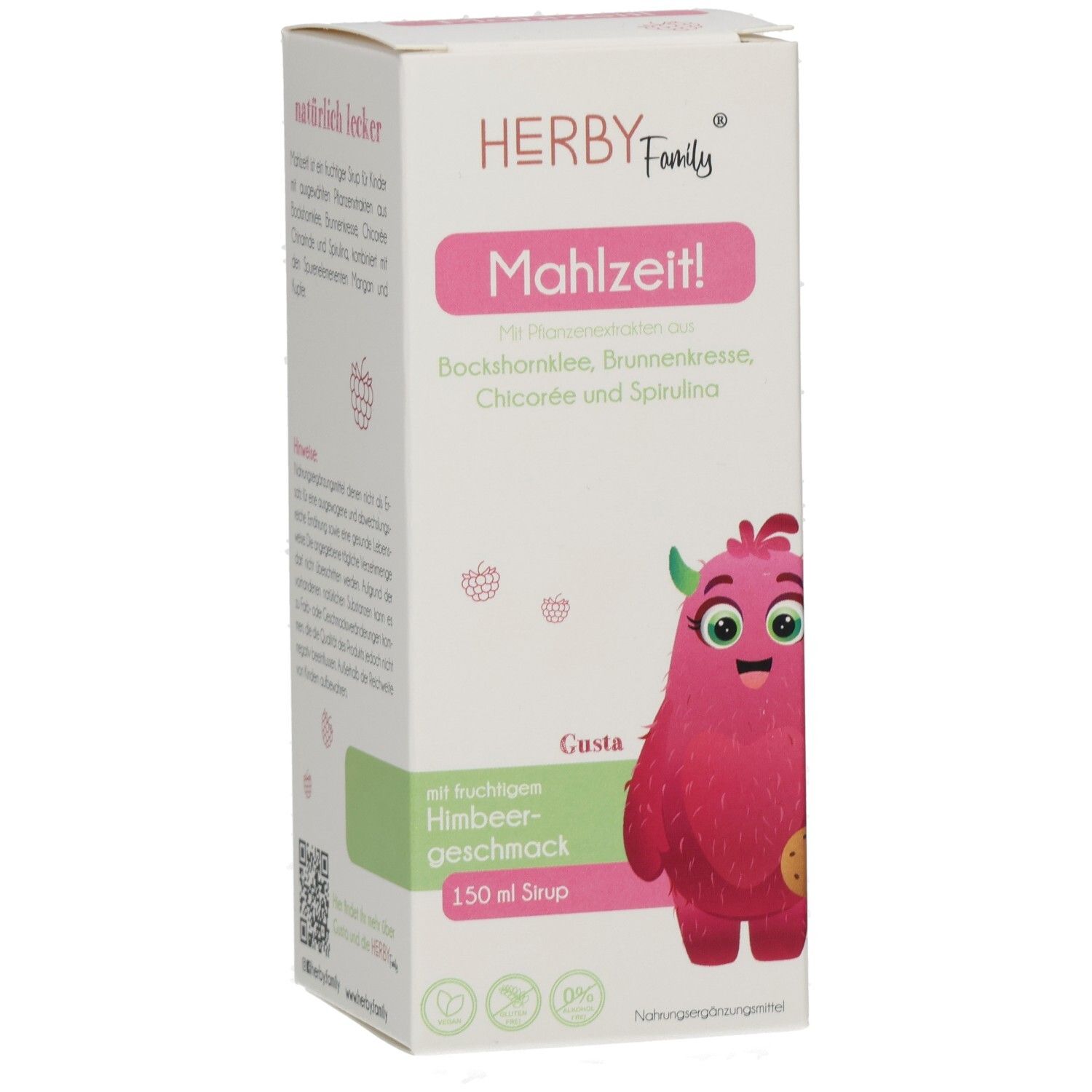 HERBY Family Mahlzeit! Verpackung. Vorderseite mit Produktnamen, Inhaltsstoffen und Illustration eines Monsters. 150 ml Sirup.