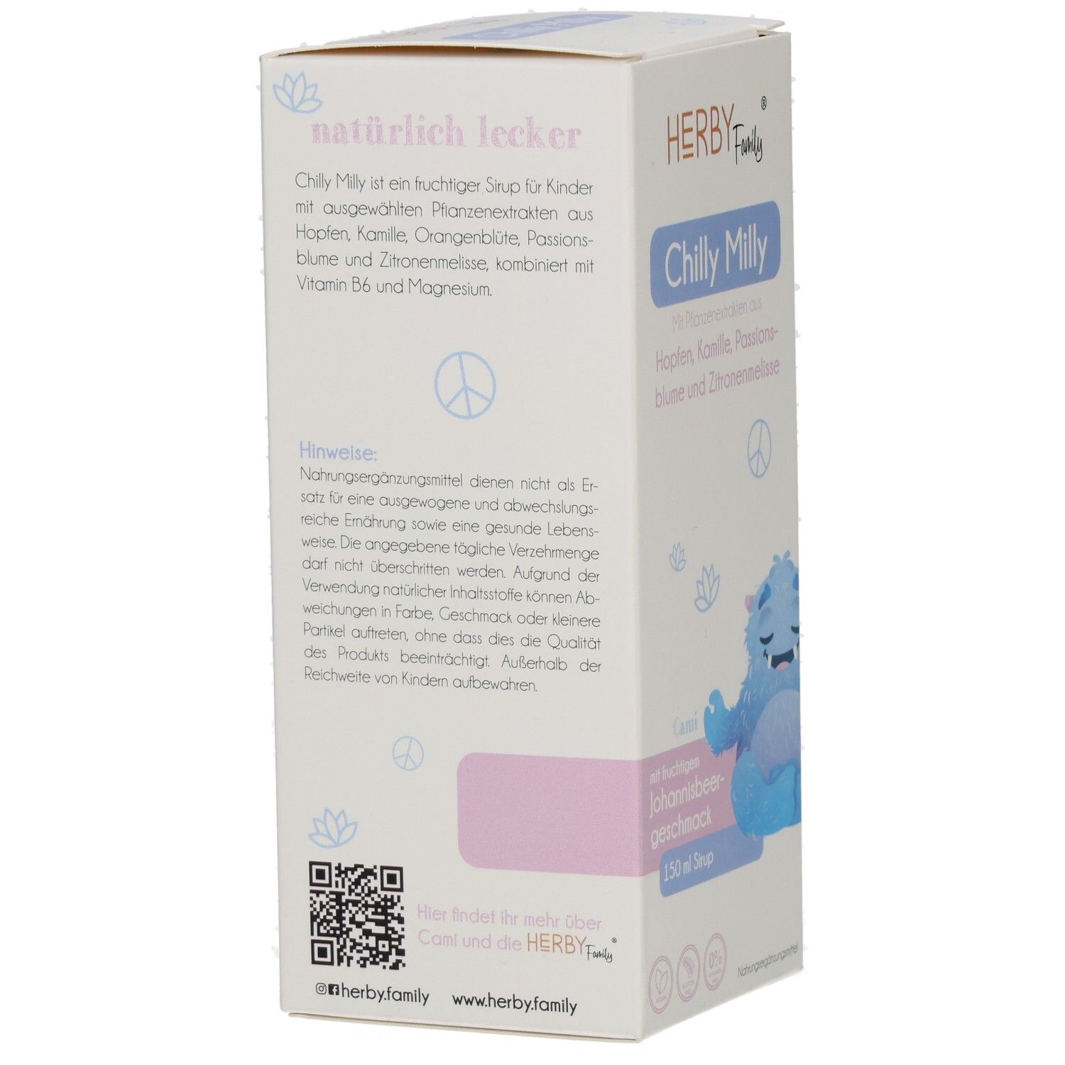 Rückseite der HERBY Family Chilly Milly Verpackung. Text: natürlich lecker. QR-Code und Hinweise zur Anwendung. Produktname und Logo.