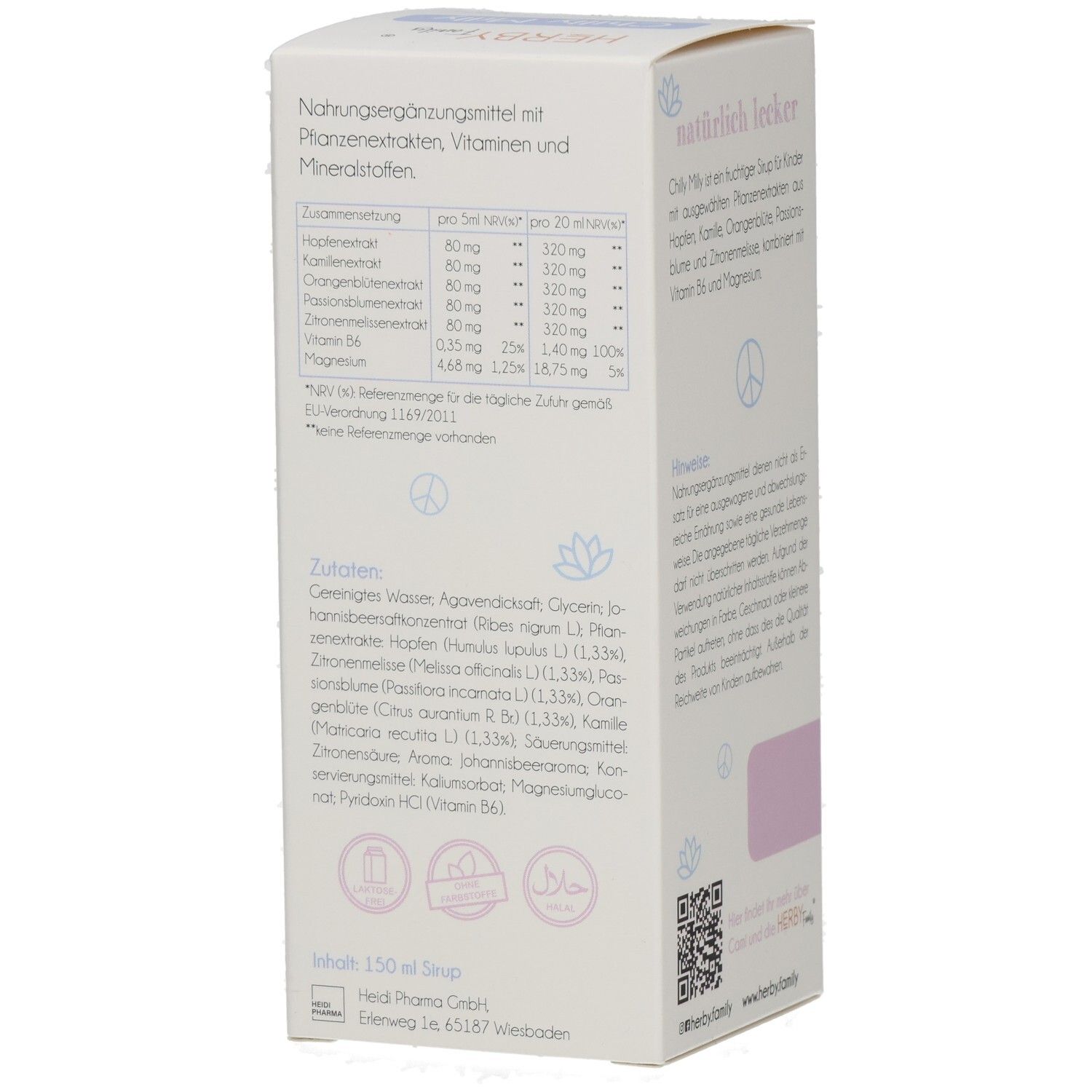 Verpackung von HERBY Family Chilly Milly. Enthält Informationen zu Inhaltsstoffen, Vitaminen und Mineralstoffen. Text: 150 ml Sirup.