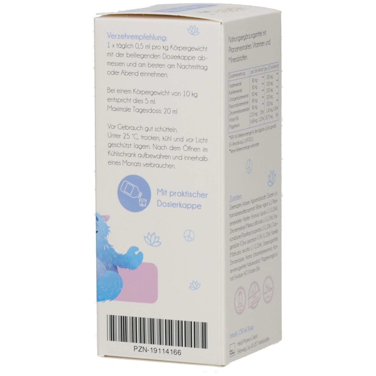 Seite der HERBY Family Chilly Milly Verpackung. Dosierungsempfehlung. Abbildung eines Dosierbechers. Text: 150 ml Sirup.