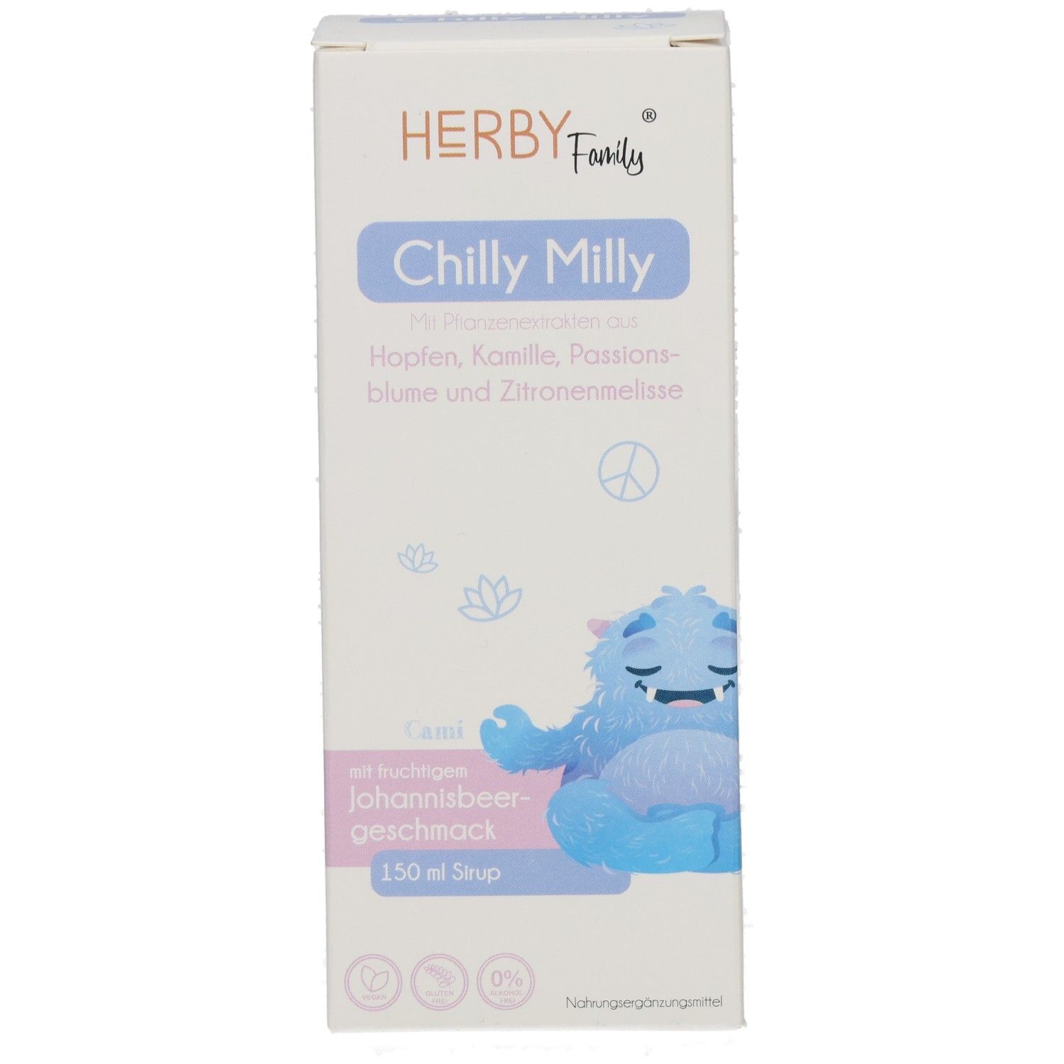 Vorderseite der HERBY Family Chilly Milly Verpackung. Enthält 150 ml Sirup. Abbildung eines blauen Monsters. Text: Hopfen, Kamille, Passionsblume, Zitronenmelisse.