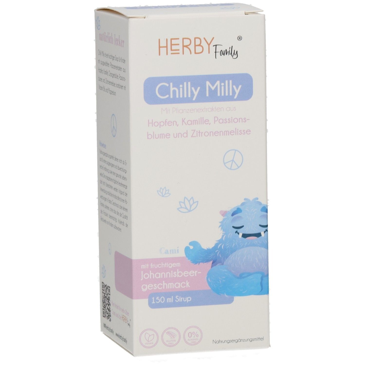 Vorderseite der HERBY Family Chilly Milly Verpackung. Enthält 150 ml Sirup. Abbildung eines blauen Monsters. Text: Hopfen, Kamille, Passionsblume, Zitronenmelisse.