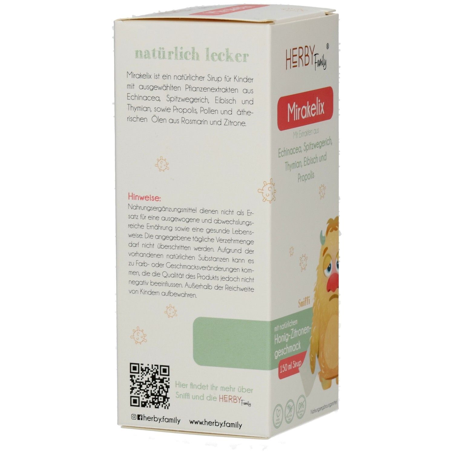 Rückseite der HERBY Family Mirakleix-Verpackung. Text über Inhaltsstoffe und Hinweise. QR-Code und Logo.