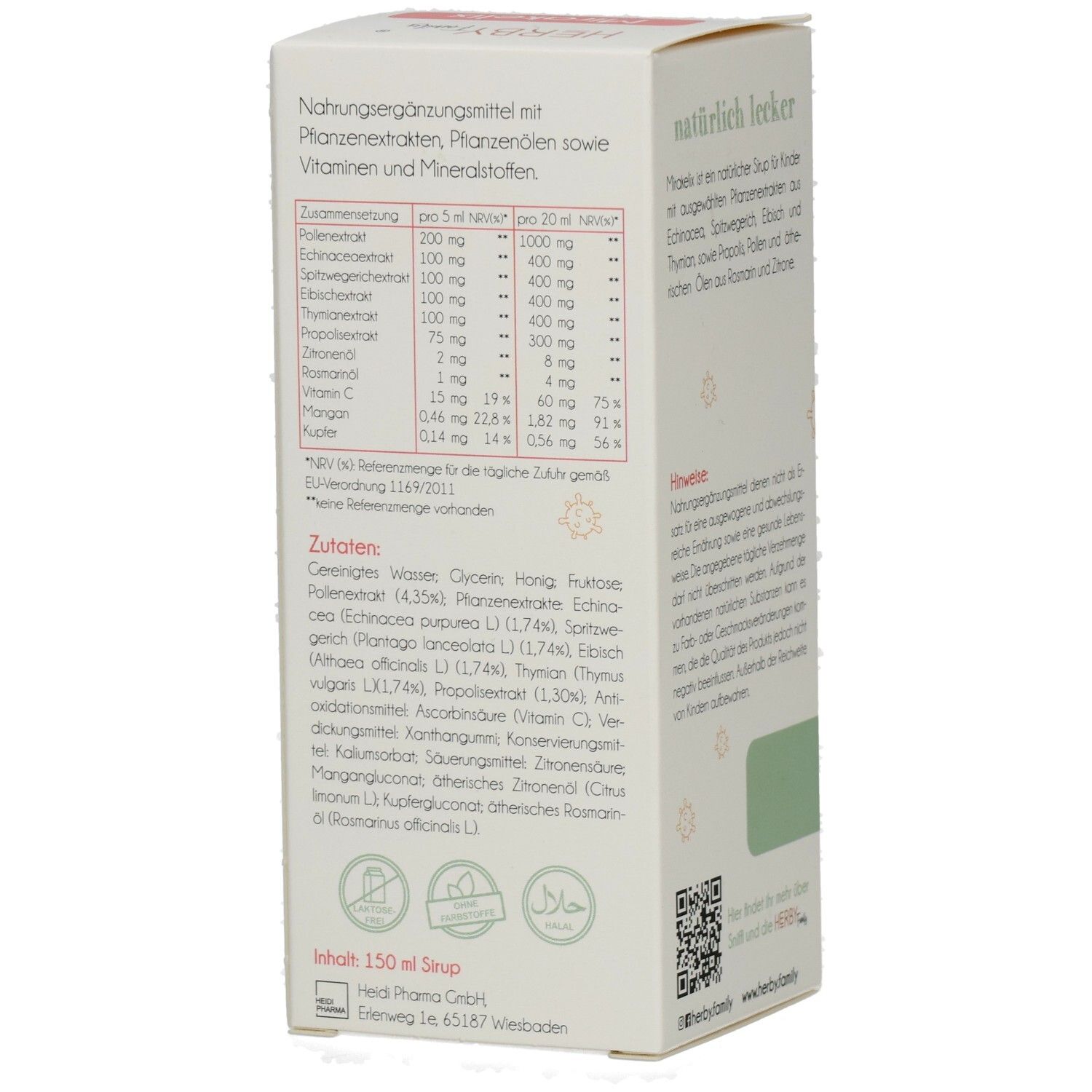 Seite der HERBY Family Mirakleix-Verpackung mit Nährwerttabelle. Enthält Vitamine und Mineralstoffe. Zutatenliste.