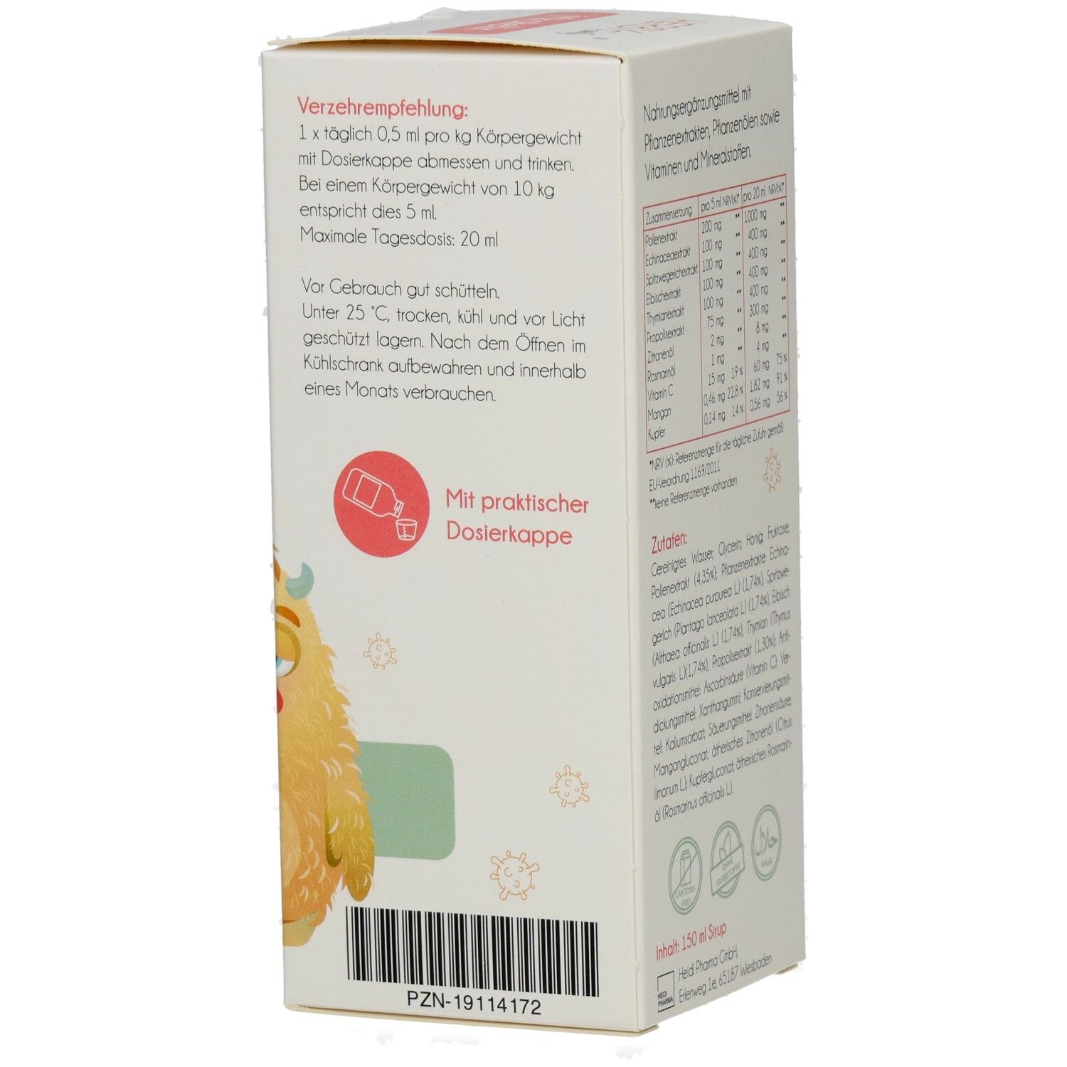 Seite der HERBY Family Mirakleix-Verpackung mit Dosierungsempfehlung. Mit Dosierkappe. Enthält Nährwerttabelle.