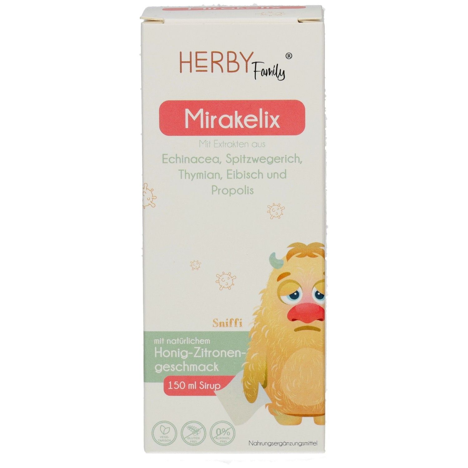 HERBY Family Mirakleix-Verpackung. Enthält Echinacea, Spitzwegerich, Thymian, Eibisch und Propolis. Mit Honig-Zitronengeschmack. 150 ml.