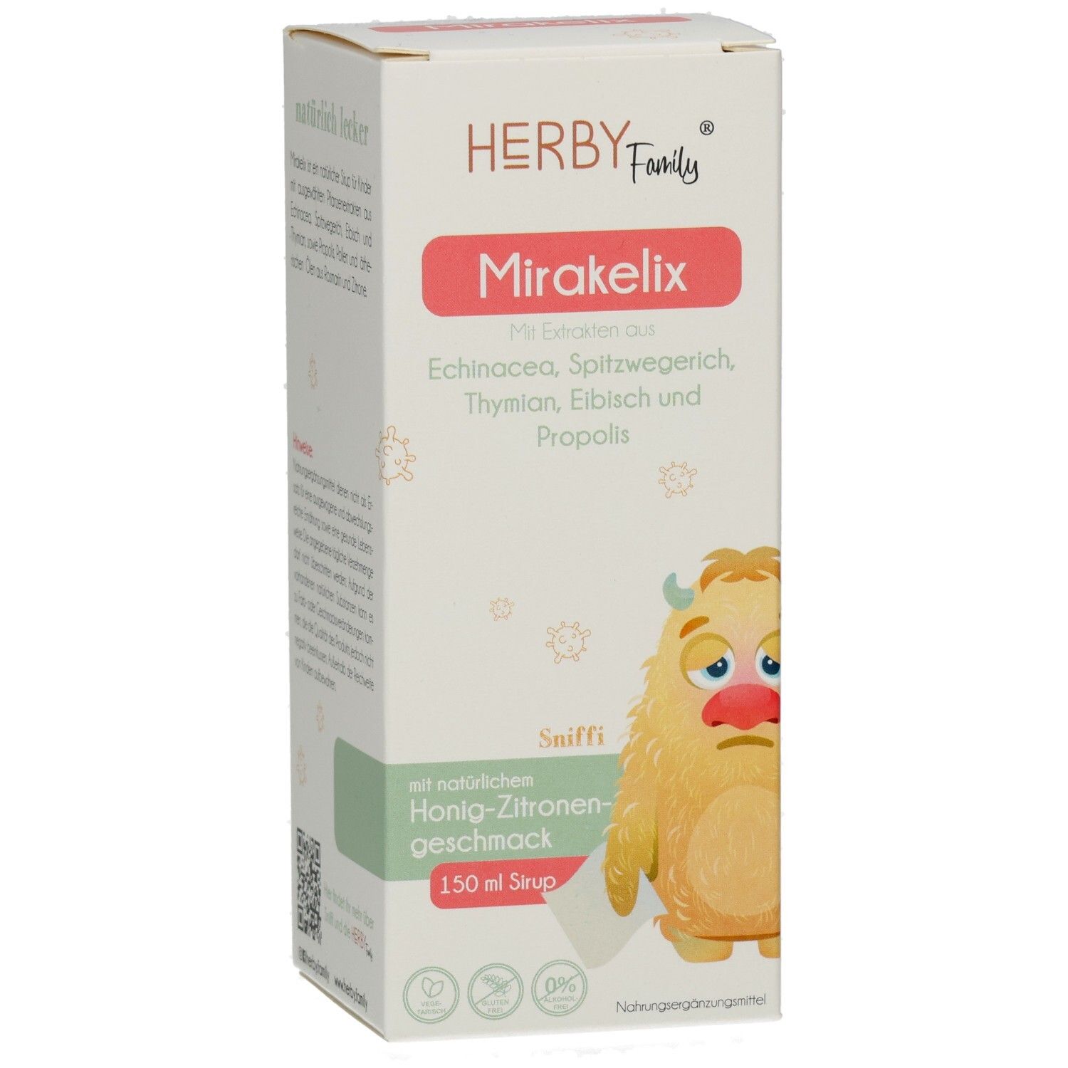 HERBY Family Mirakleix-Verpackung. Enthält Echinacea, Spitzwegerich, Thymian, Eibisch und Propolis. Mit Honig-Zitronengeschmack. 150 ml.