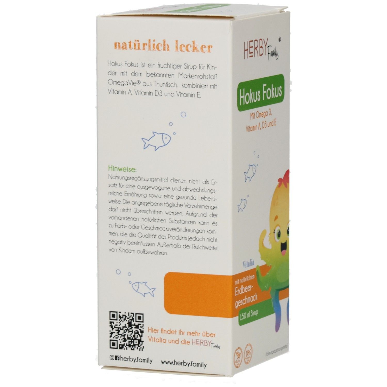Rückseite der Hokus Fokus Verpackung. Text: natürlich lecker. Enthält Hinweise und QR-Code. Abbildung eines Oktopus.