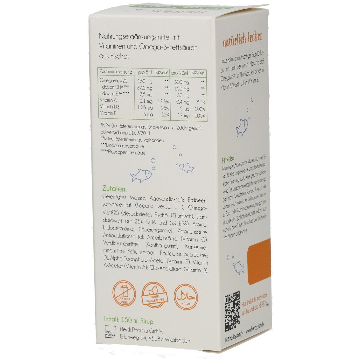 Seite der Hokus Fokus Verpackung. Enthält Nährwertangaben und Zutaten. Mit Halal-Siegel. 150 ml Sirup.